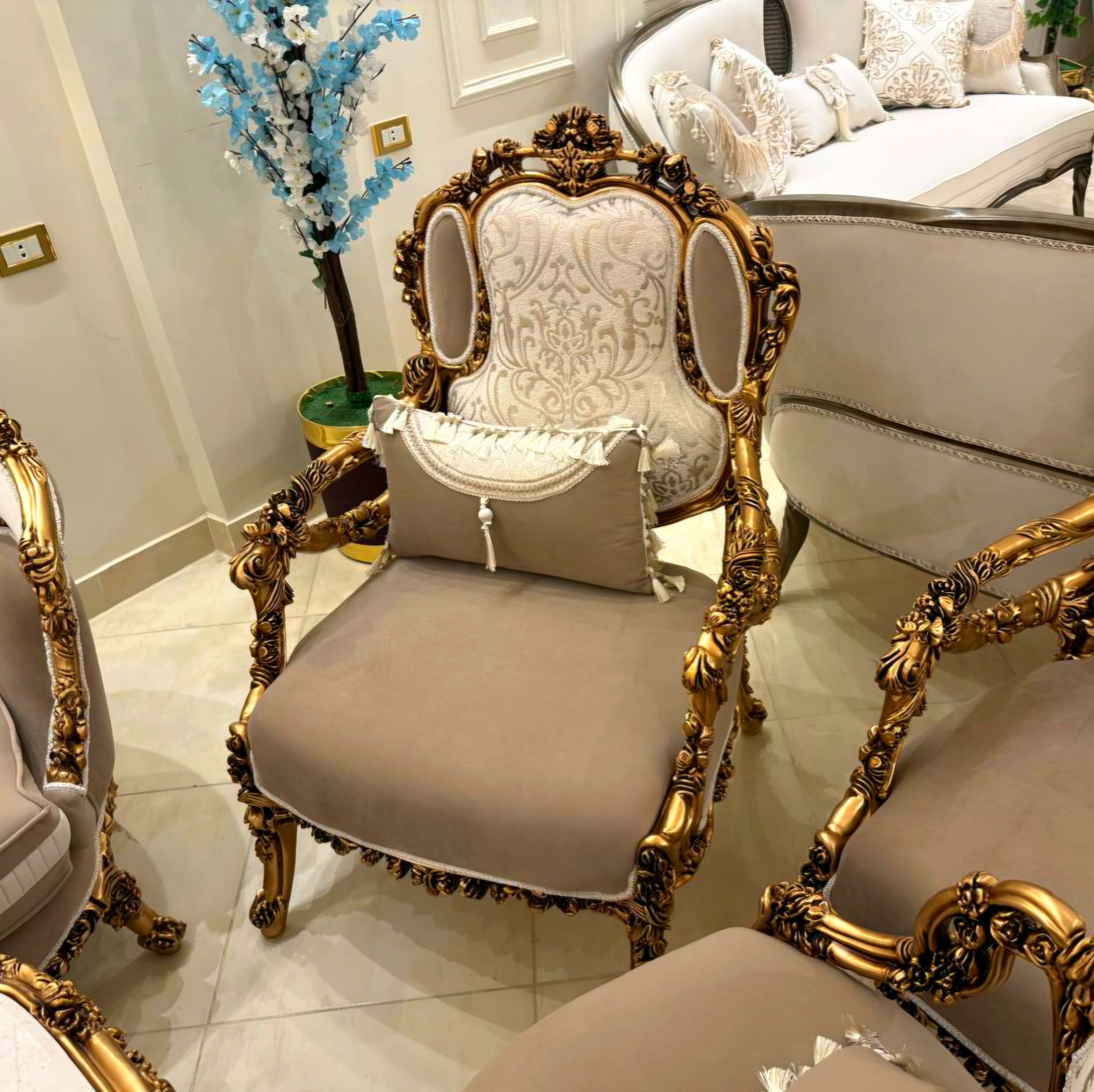 French Louis XV Accent Armchair – Light Brown Velvet Damask Upholstery with Gilded Gold Leaf Frame