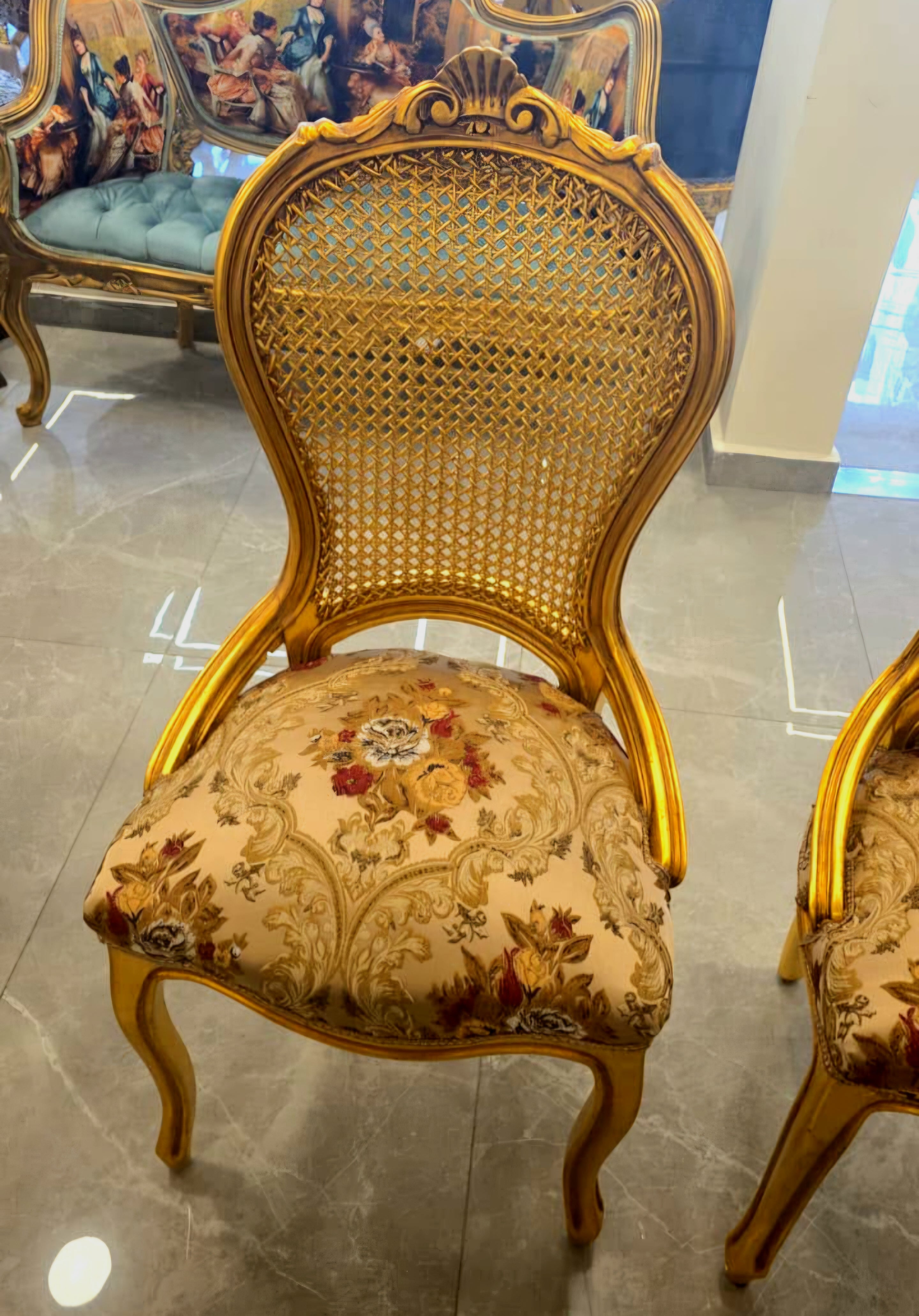 French Louis XV Style Cane Back Chair – Gold Leaf Frame with Floral Upholstery
