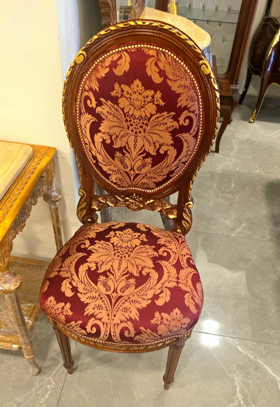 French Louis XVI Style Dining Chair – Burgundy Damask Upholstery & Carved Wood Frame