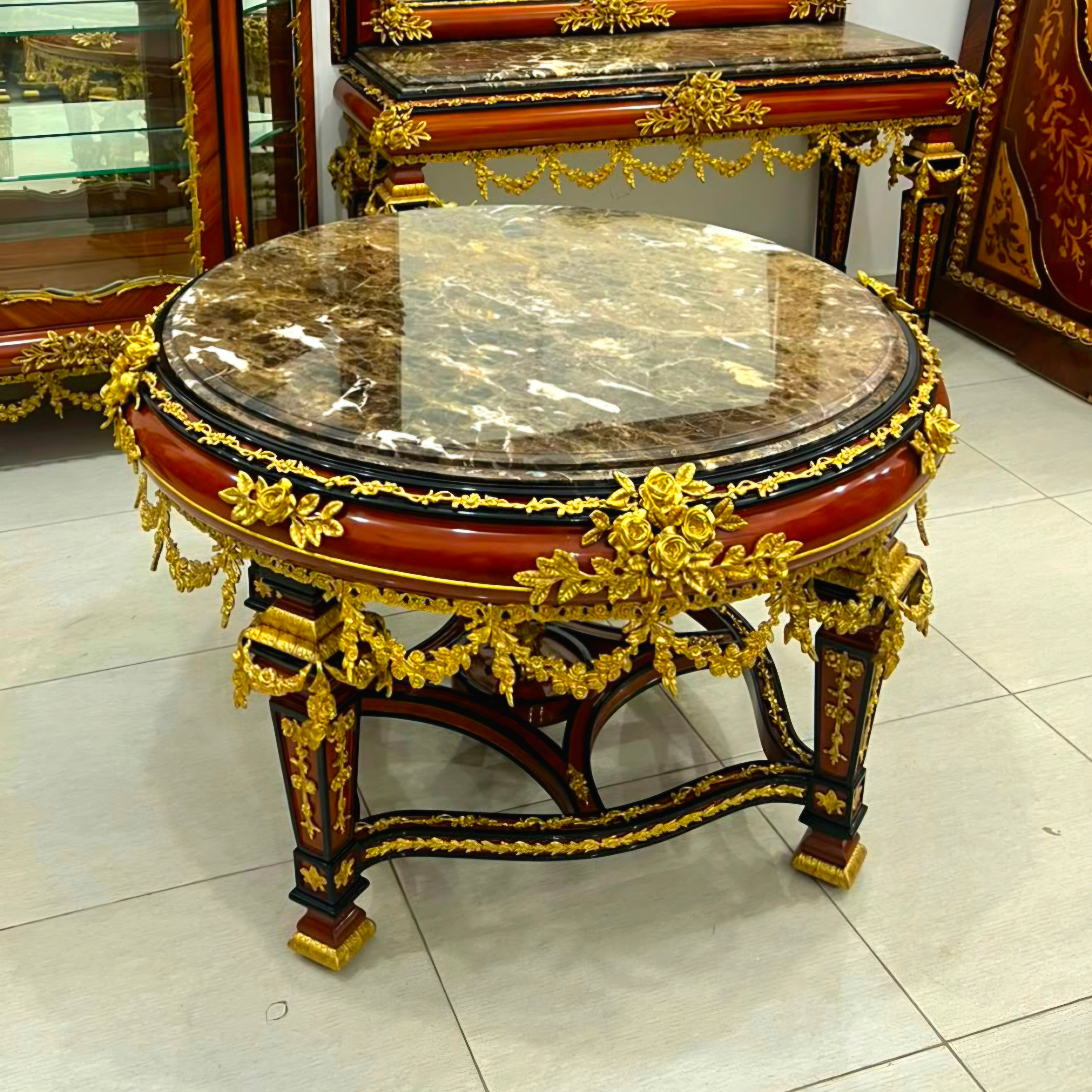 French Empire Style Round Center Table – Marble & Glass Top with Gold Leaf and Bronze Floral Details