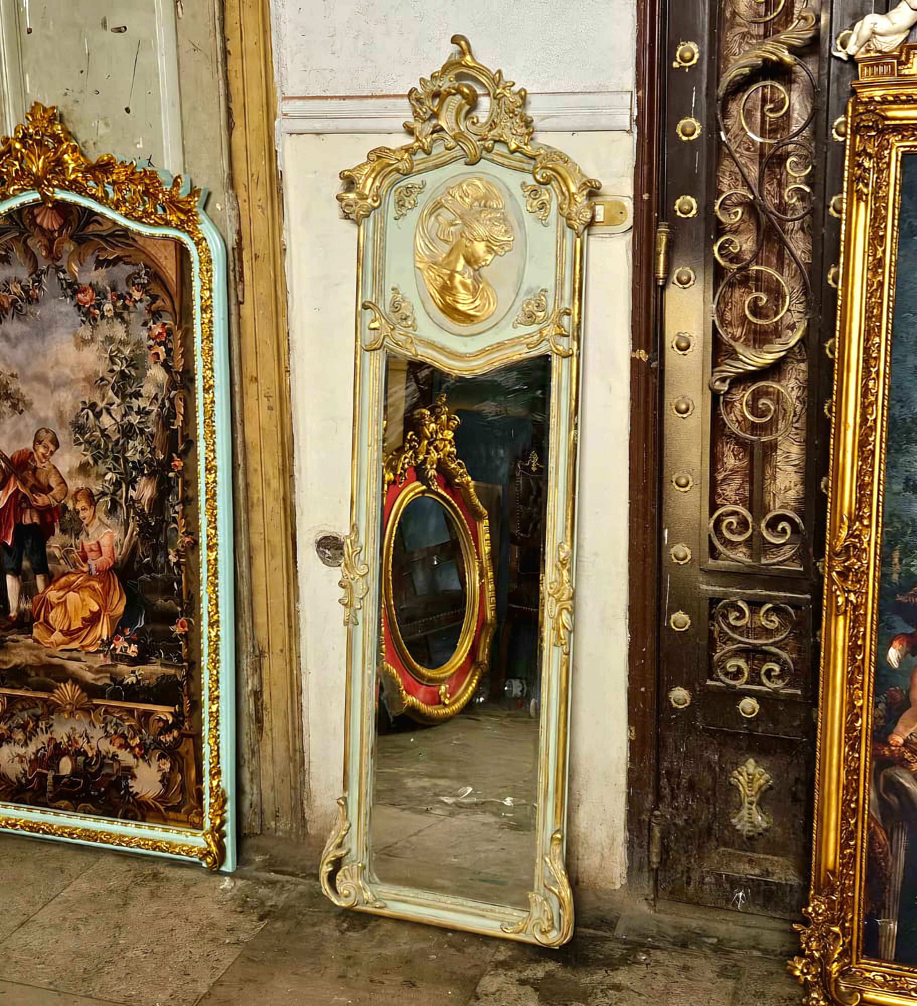 French Rococo White Wall Mirror – Gold Leaf Frame with Woman Portrait Medallion
