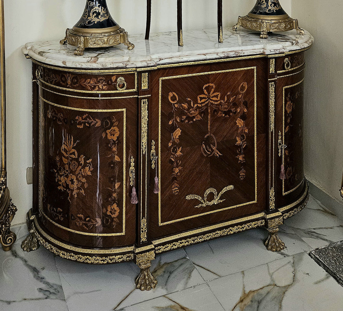 The Versailles Flourish – French Louis XVI-Inspired Commode with Floral Marquetry, Elegant Marble Top & Ornate Gilded Accents