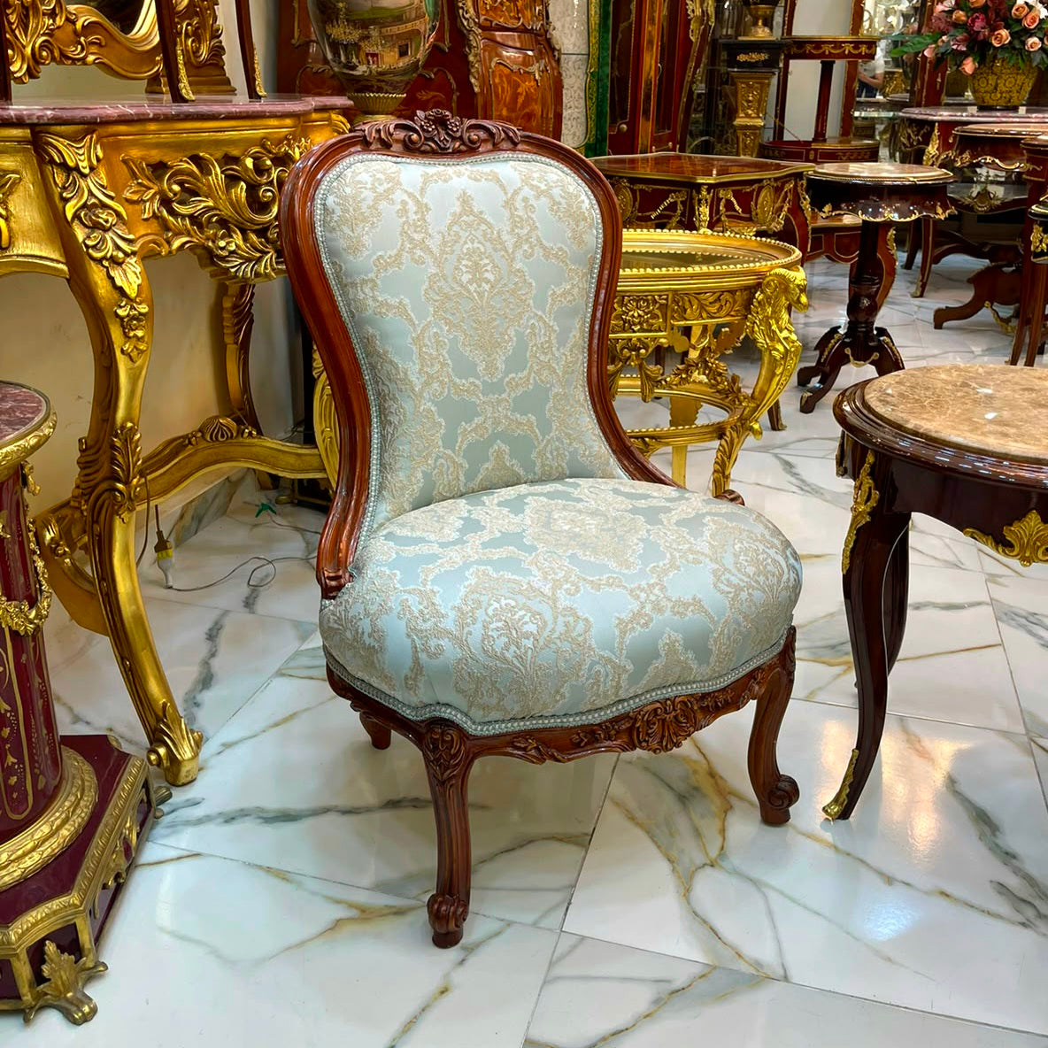 French Louis XV Armchair – Sky Blue Damask Upholstery with Ornate Wood Frame