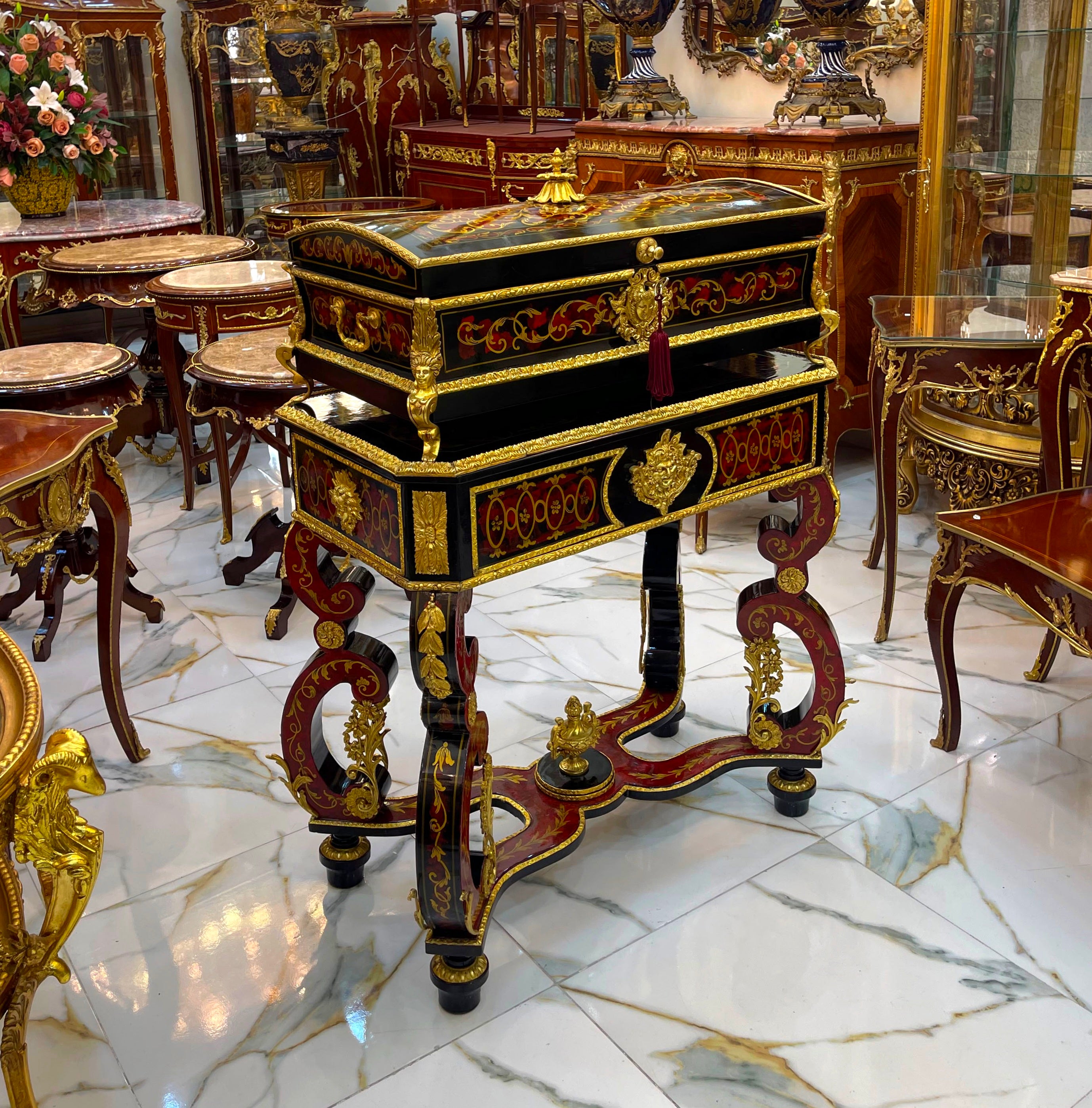 French Restoration-Inspired Marriage Chest on Ornate Stand – Handcrafted Wood & Gold Leaf