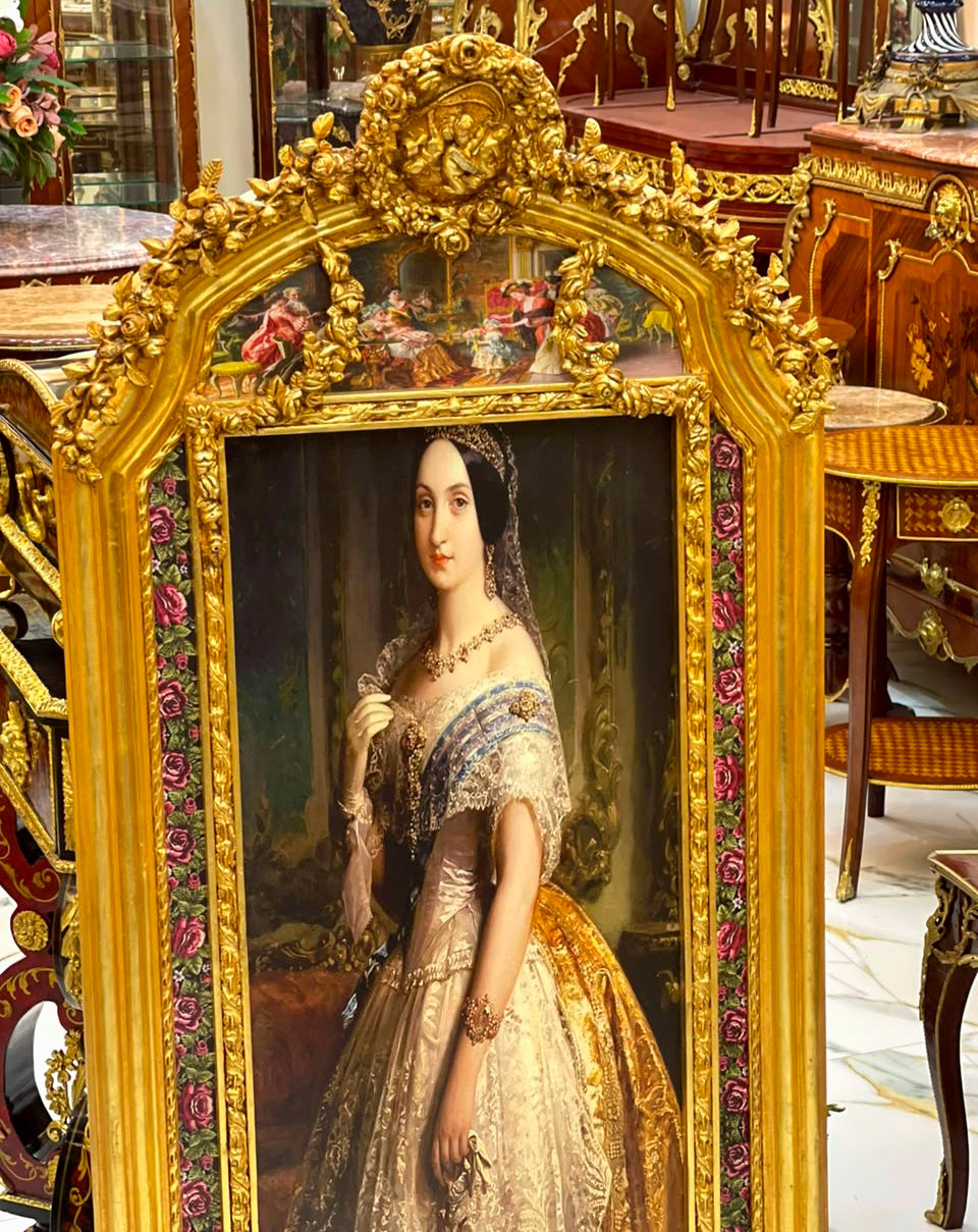 French Baroque Portrait Painting – Hand-Gilded Gold Leaf Frame with Cherub & Floral Details