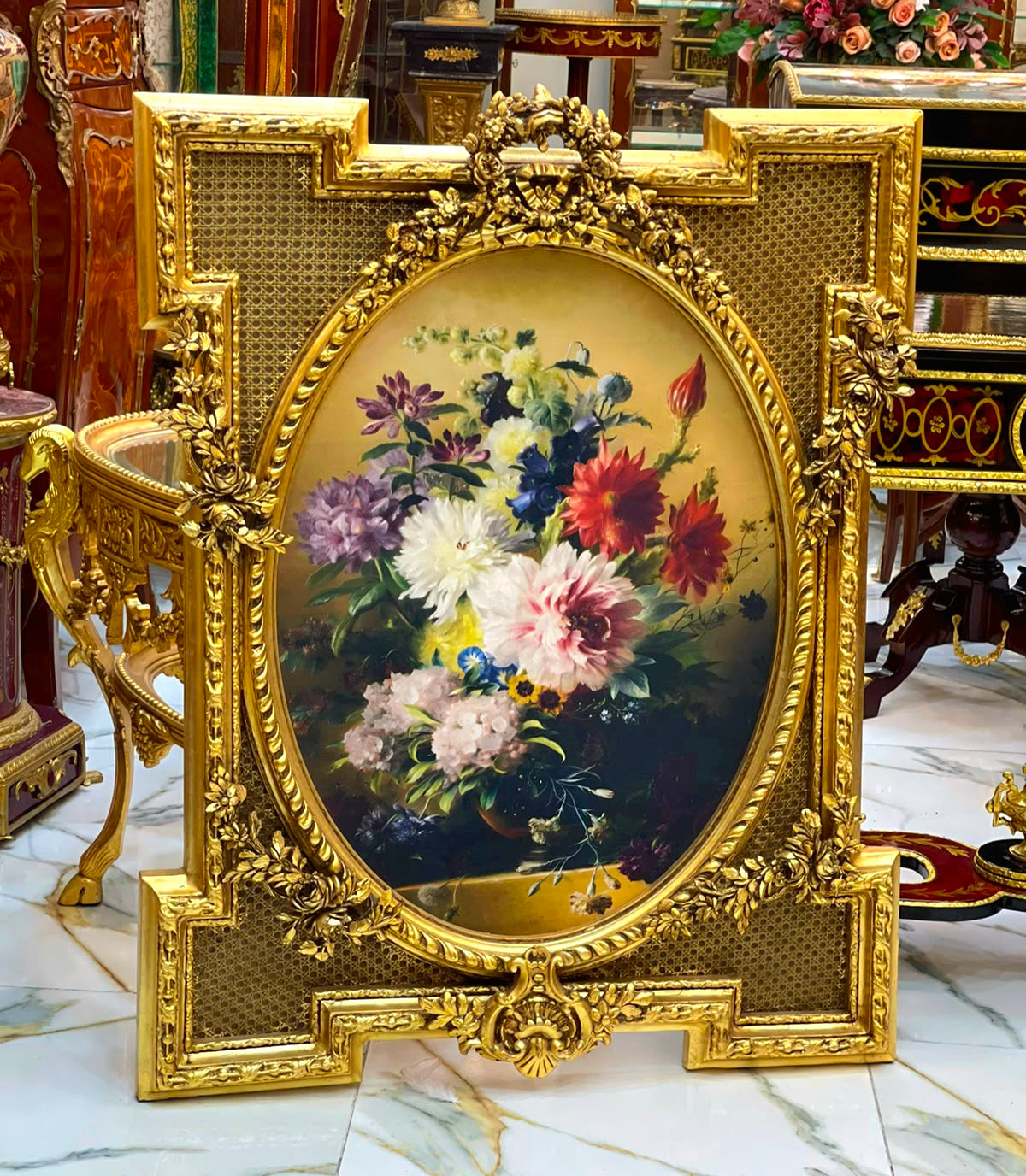 French Rococo Floral Wall Art – Ornate Gold Leaf Frame with Elegant Flower Painting