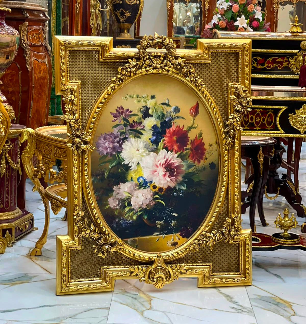 French Rococo Floral Wall Art – Ornate Gold Leaf Frame with Elegant Flower Painting