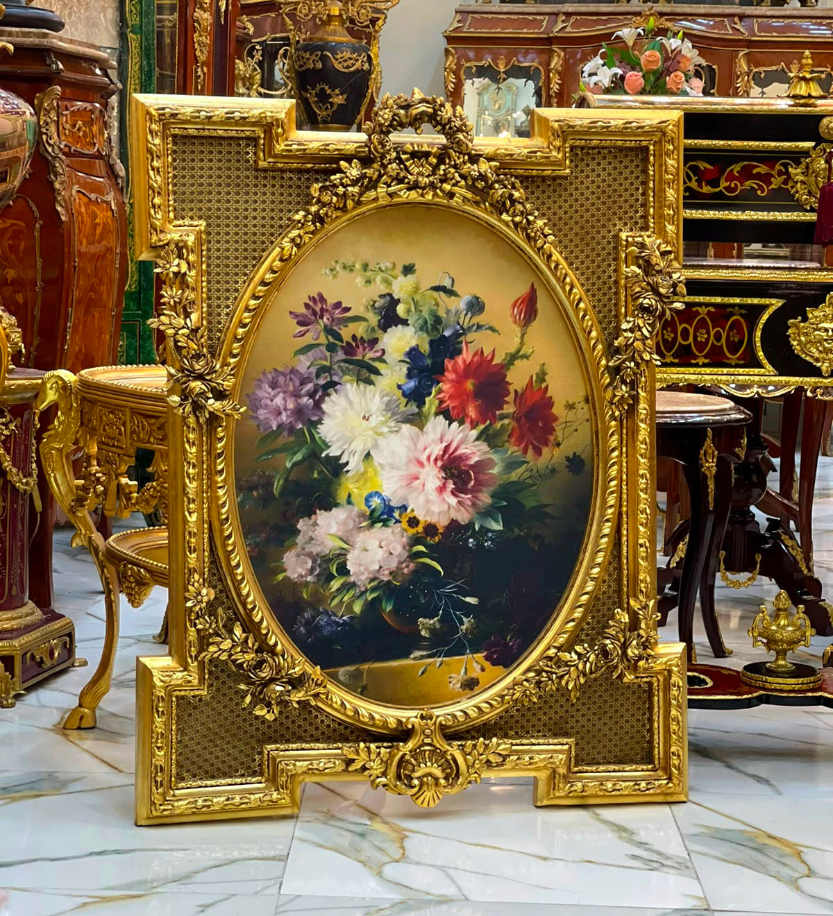 French Rococo Floral Wall Art – Ornate Gold Leaf Frame with Elegant Flower Painting
