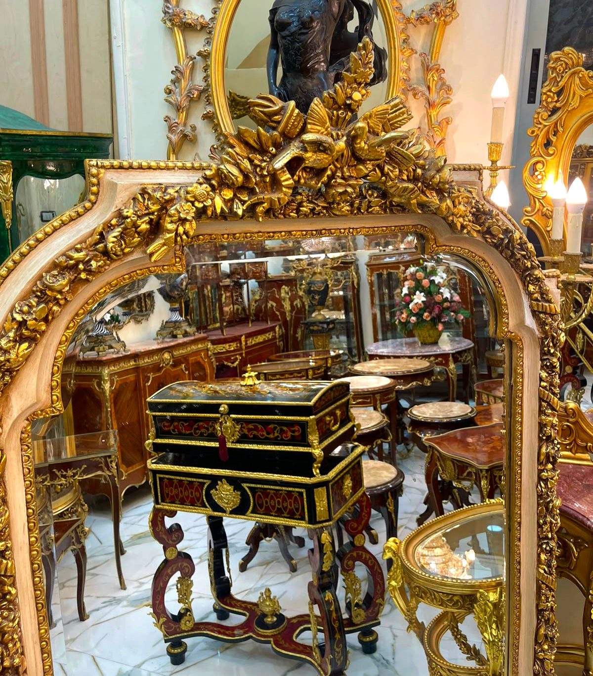 Grand French Rococo Gilt Mirror – Ornate Gold Leaf Frame with Birds & Nature Details