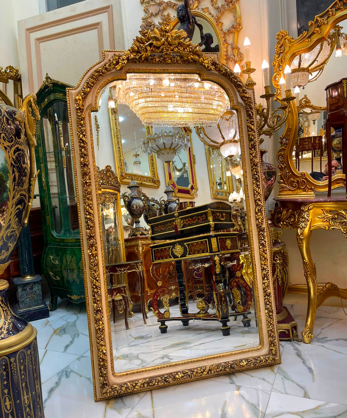 Grand French Rococo Gilt Mirror – Ornate Gold Leaf Frame with Birds & Nature Details