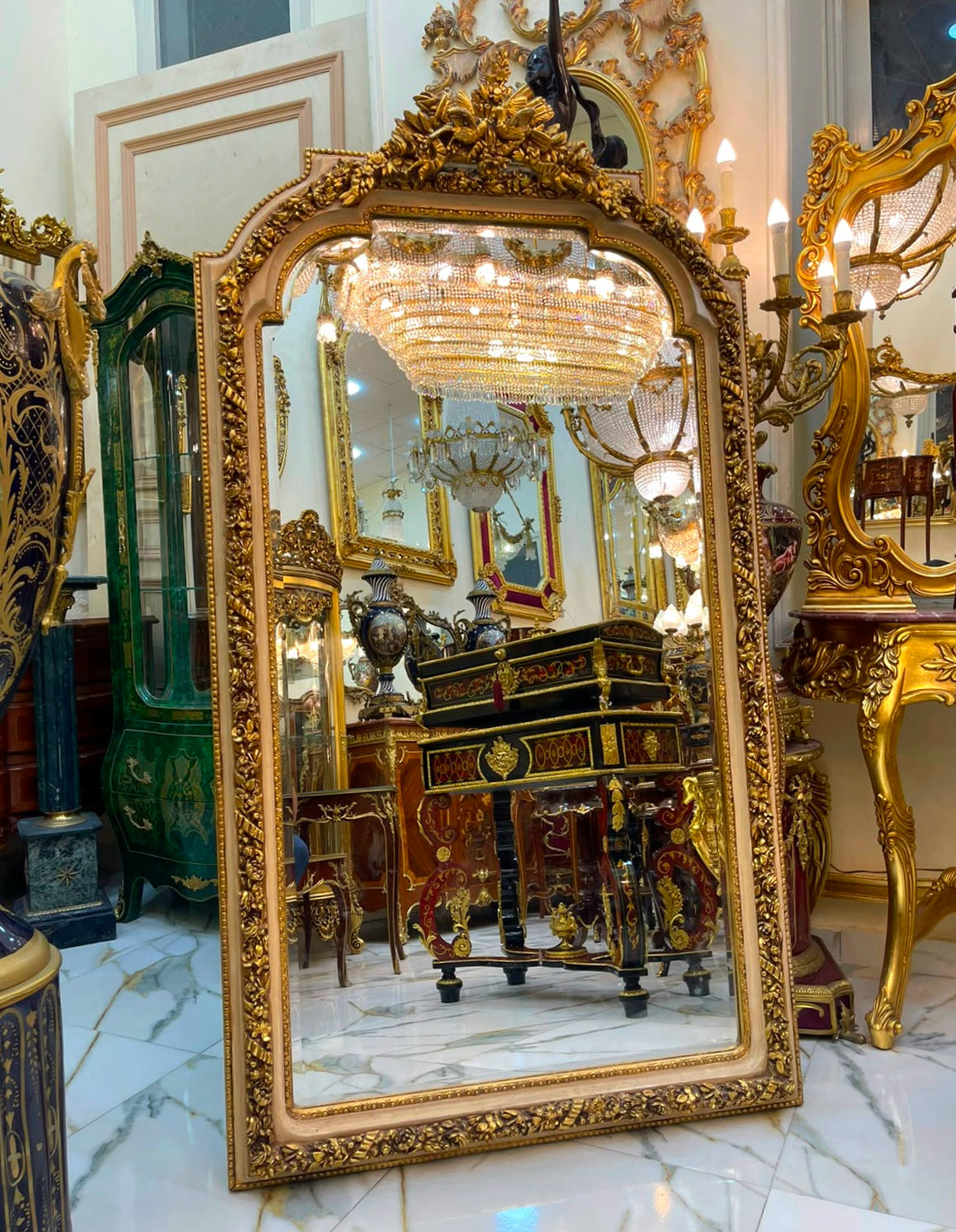 Grand French Rococo Gilt Mirror – Ornate Gold Leaf Frame with Birds & Nature Details