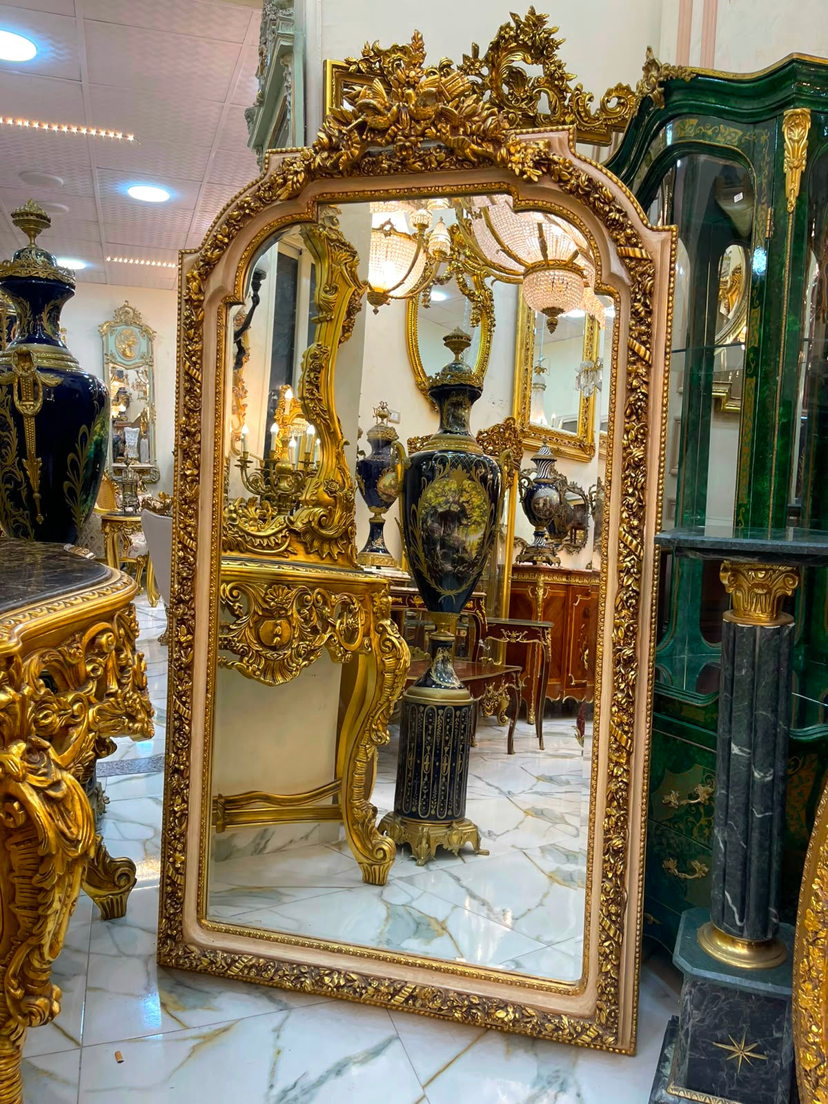 Grand French Rococo Gilt Mirror – Ornate Gold Leaf Frame with Birds & Nature Details