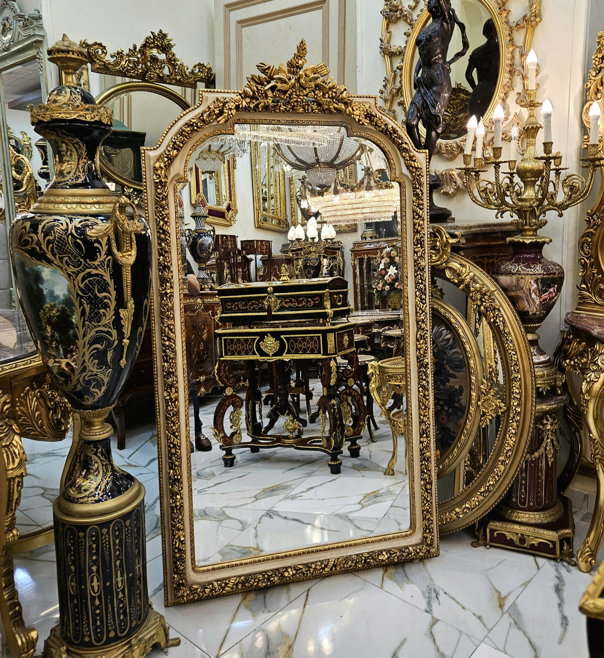 Grand French Rococo Mirror with Ornate Gilded Frame, Sculpted Birds & Botanical Details