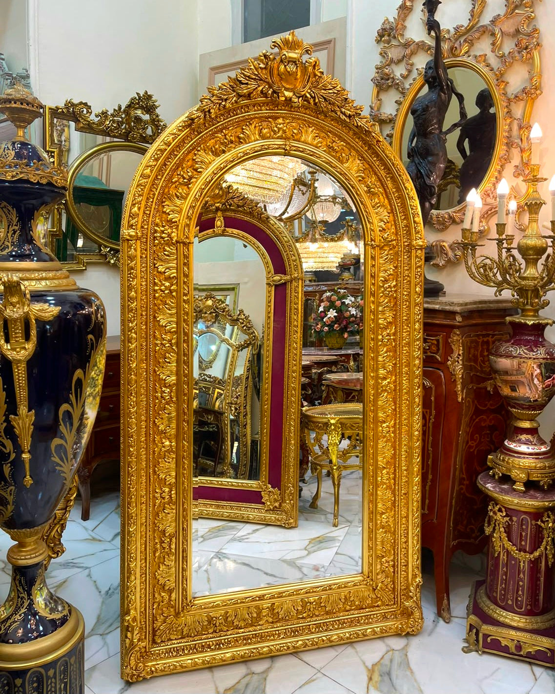 Grand French Baroque Arched Mirror – Hand-Gilded Gold Leaf Frame with Ornate Carved Details