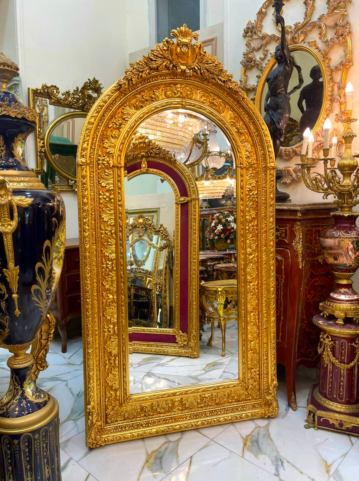 Grand French Baroque Arched Mirror – Hand-Gilded Gold Leaf Frame with Ornate Carved Details