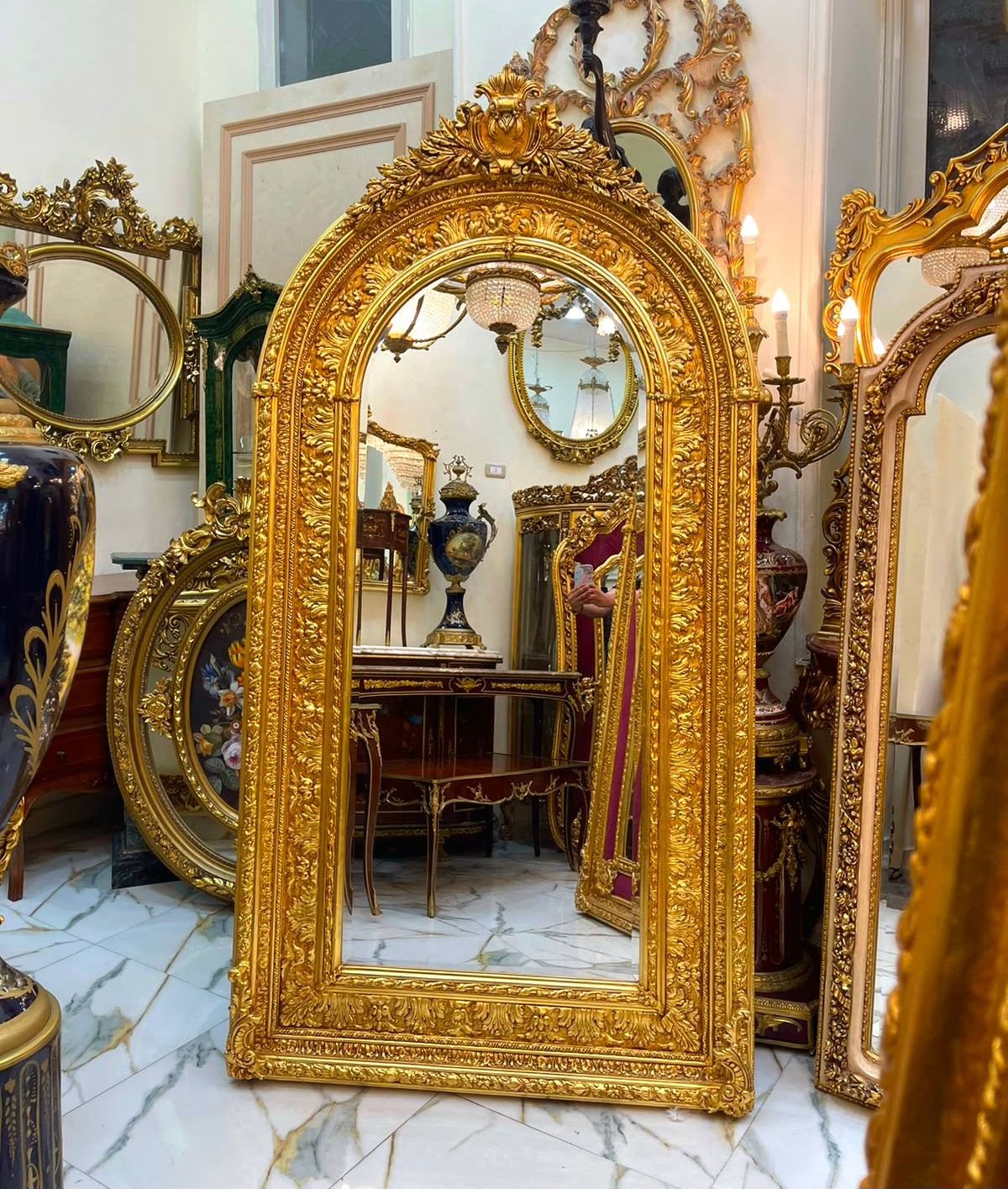 Grand French Baroque Arched Mirror – Hand-Gilded Gold Leaf Frame with Ornate Carved Details