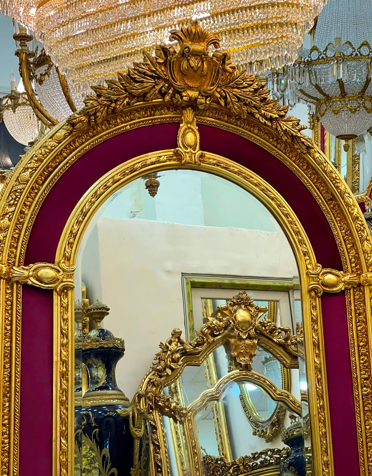 Grand French Rococo Mirror – Burgundy Velvet Paneling & Ornate Gold Leaf Frame