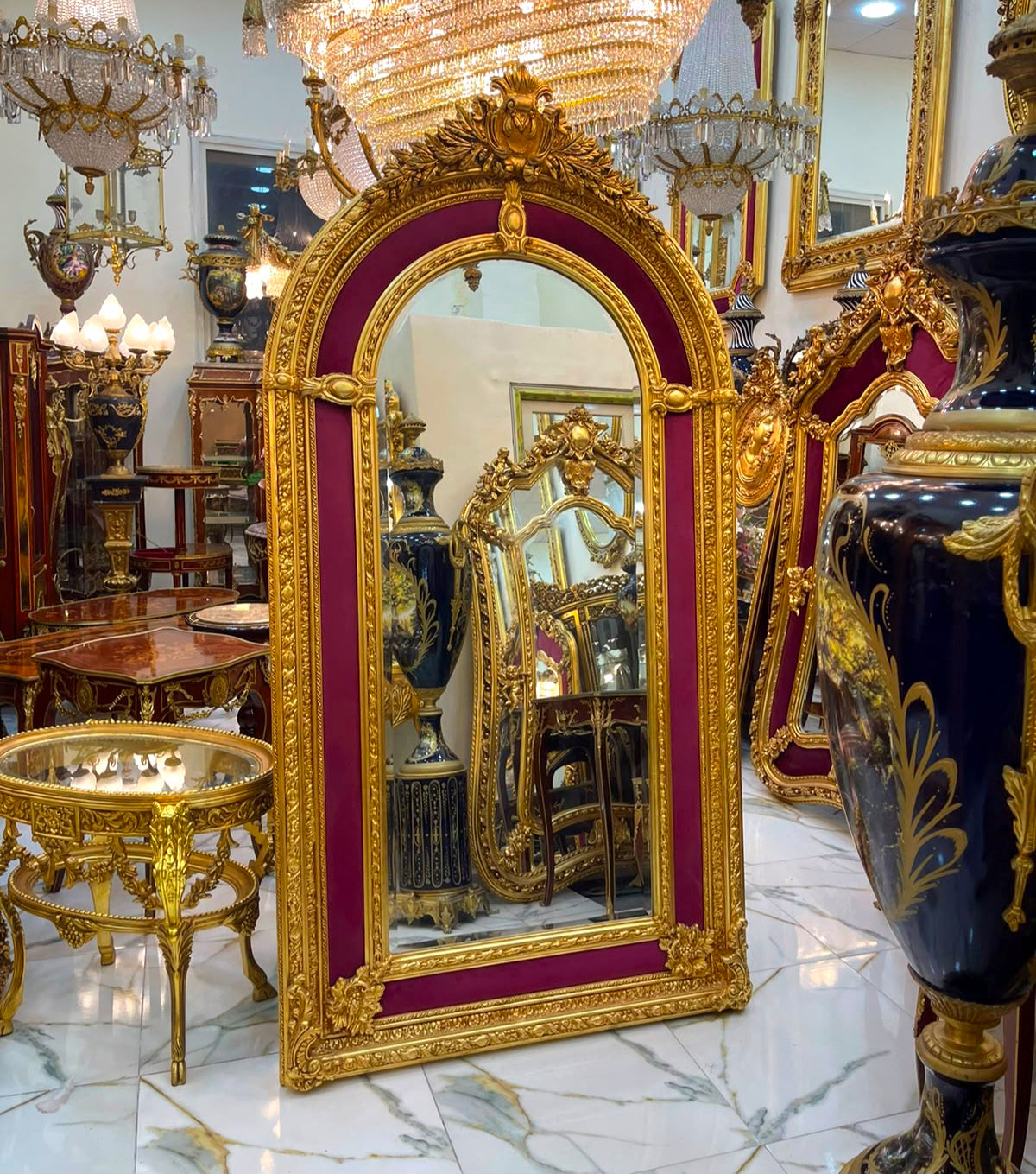 Grand French Rococo Mirror – Burgundy Velvet Paneling & Ornate Gold Leaf Frame