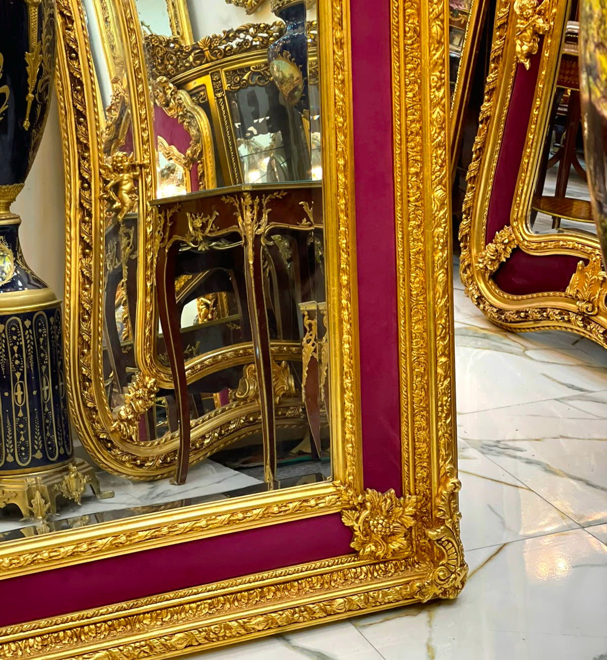 Grand French Rococo Mirror – Burgundy Velvet Paneling & Ornate Gold Leaf Frame