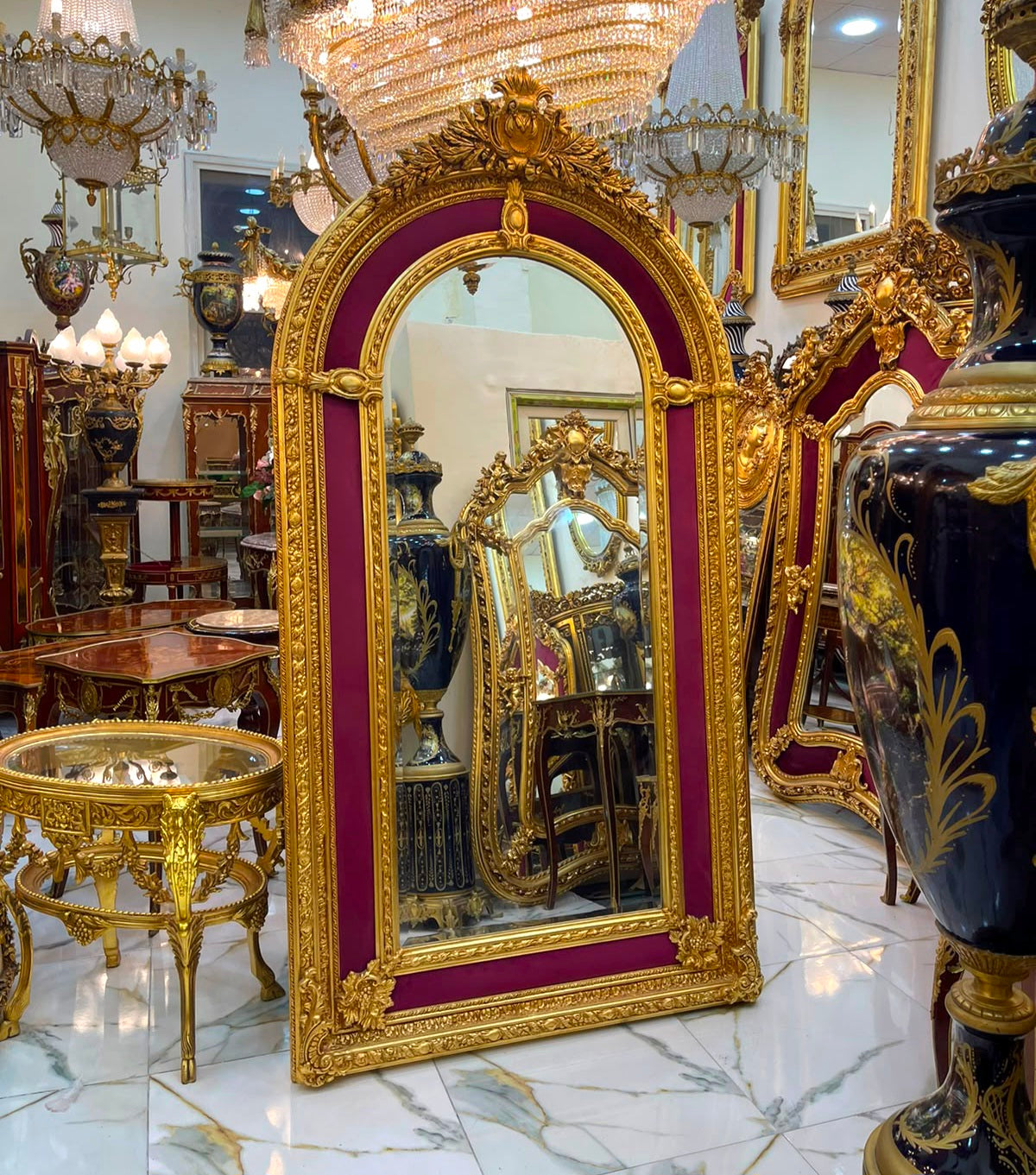 Grand French Rococo Mirror – Burgundy Velvet Paneling & Ornate Gold Leaf Frame
