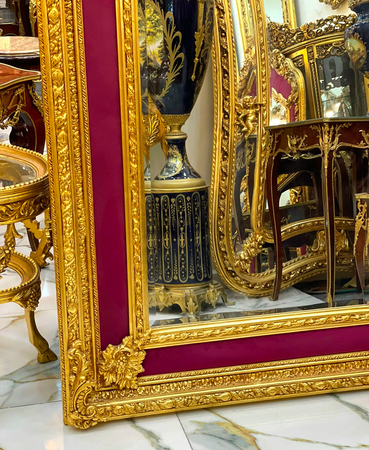 Grand French Rococo Mirror – Burgundy Velvet Paneling & Ornate Gold Leaf Frame