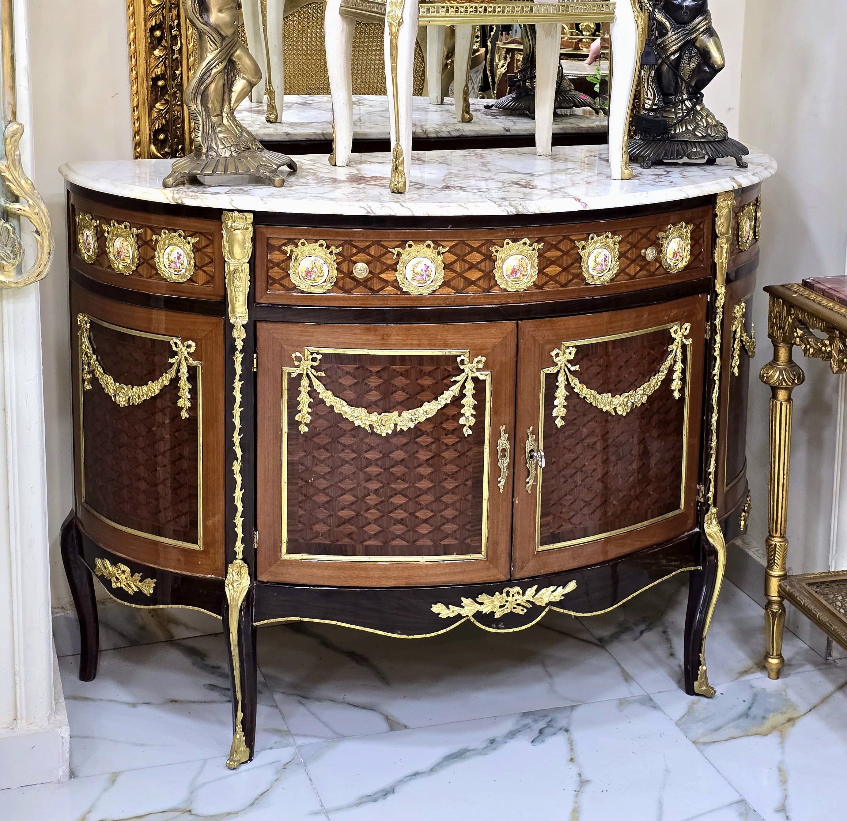 French Louis XVI Demilune Sideboard – Marble Top, Gilded Details & Premium Hardwood