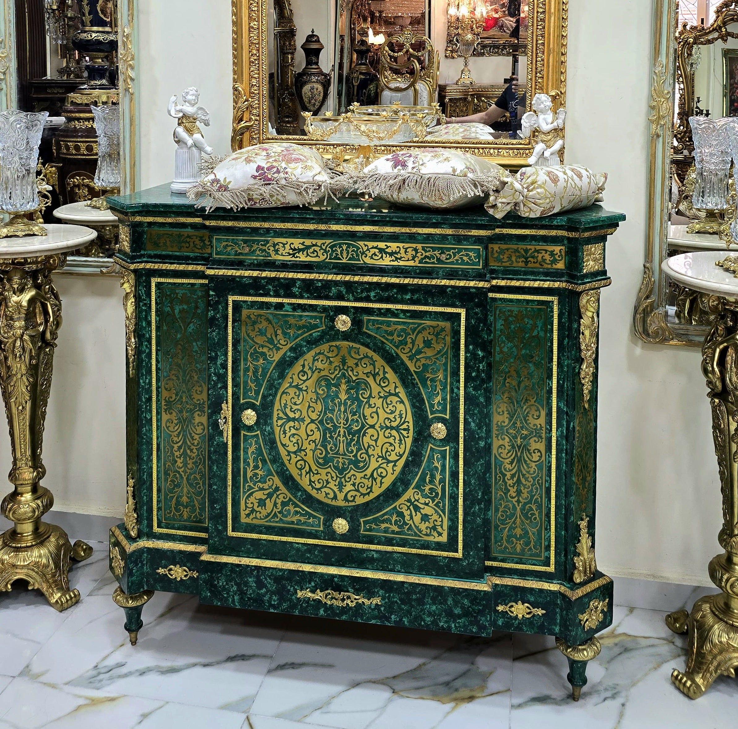 Elegant French Louis XVI Green Cabinet – Ornate Gilt Bronze & Gold Leaf Accents with Lock