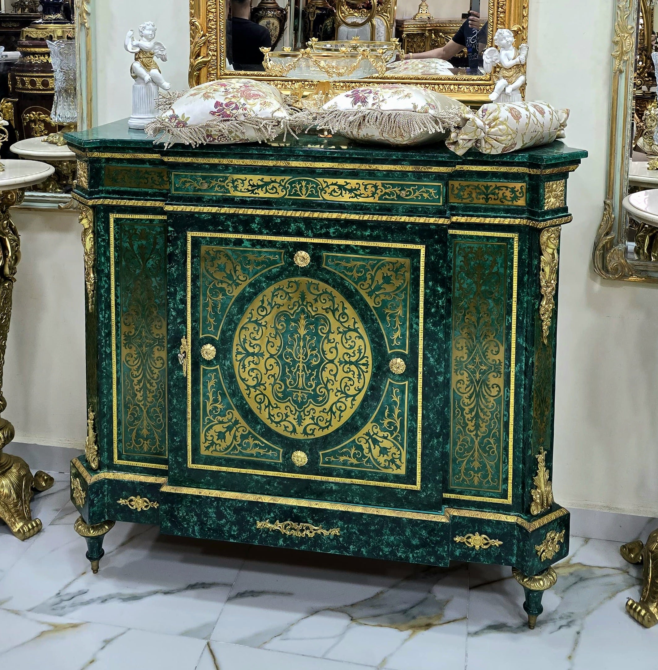 Elegant French Louis XVI Green Cabinet – Ornate Gilt Bronze & Gold Leaf Accents with Lock