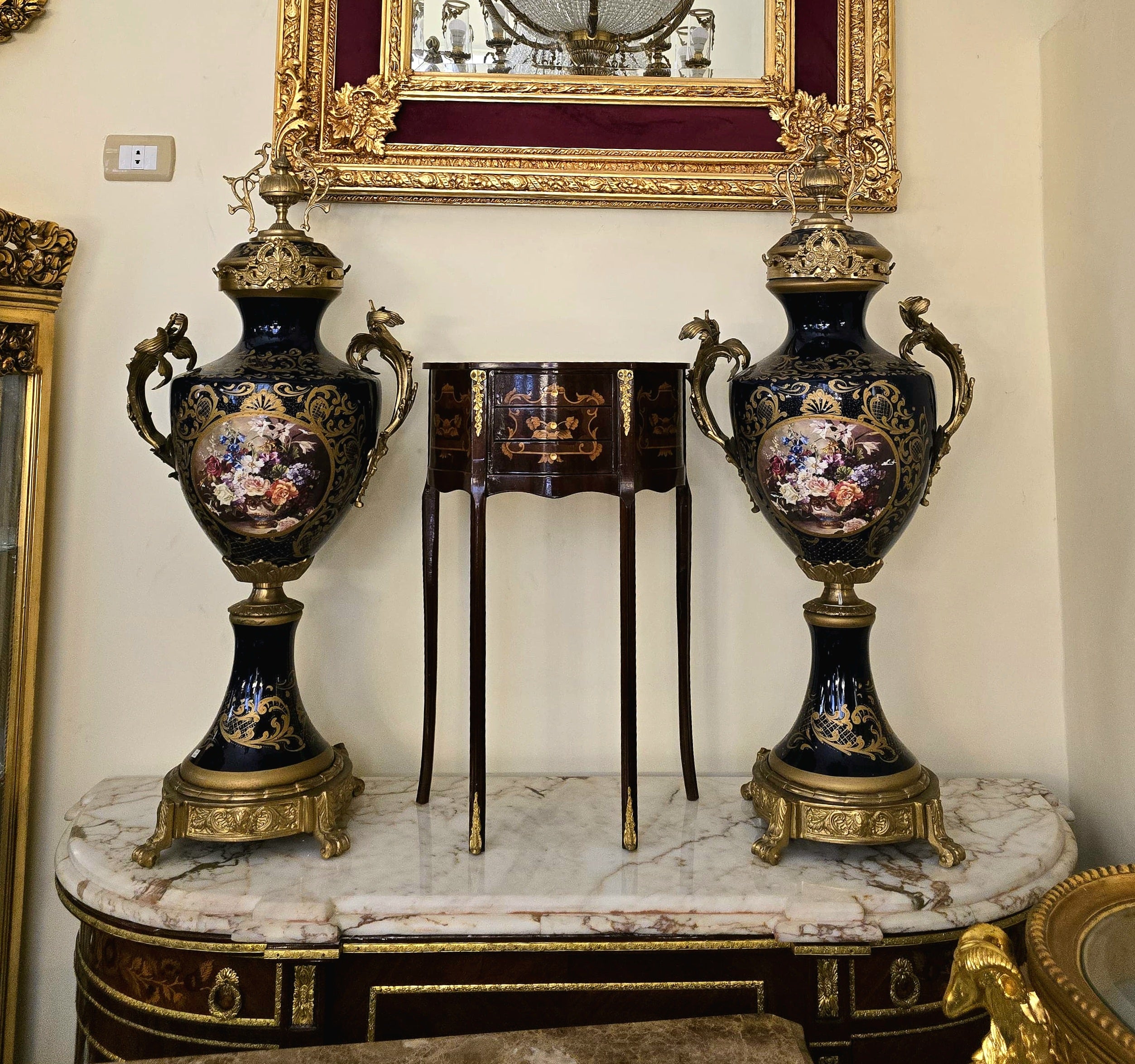 French Style Black Porcelain Vase – Ornate Floral Artwork with Gold Leaf & Gilt Bronze Accents