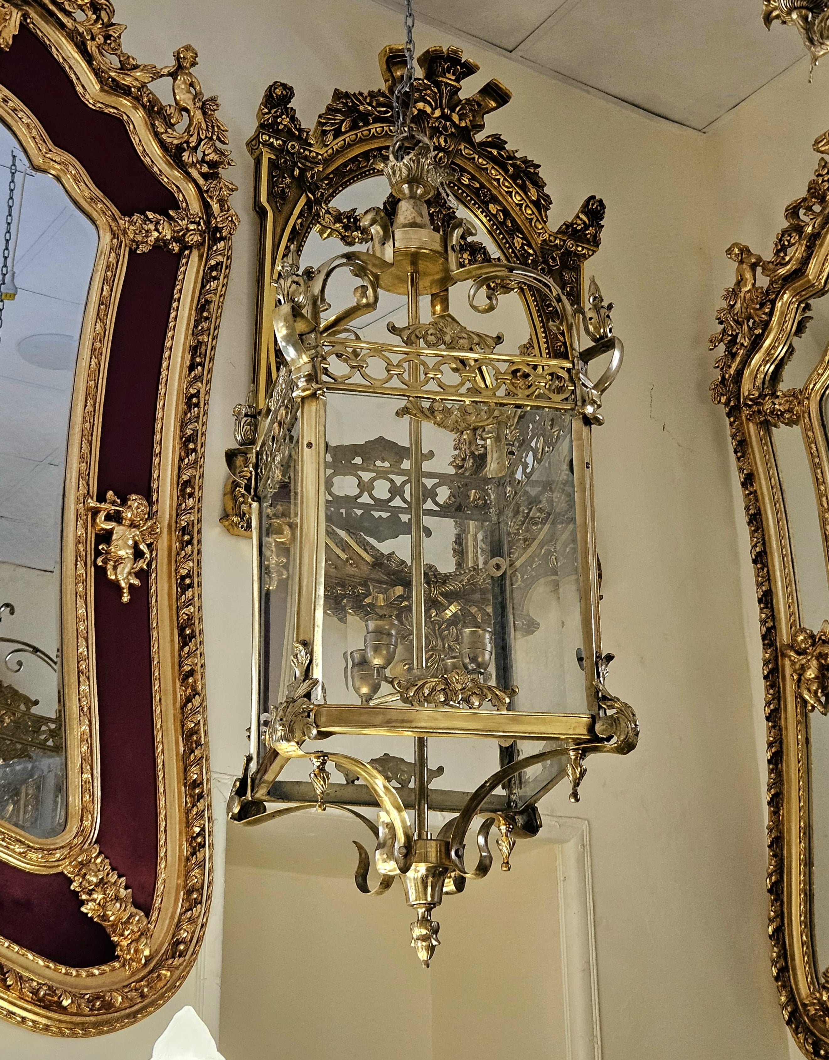 French Empire Lantern Chandelier – Rare Gilded Bronze & Gold Leaf Glass Cage Pendant