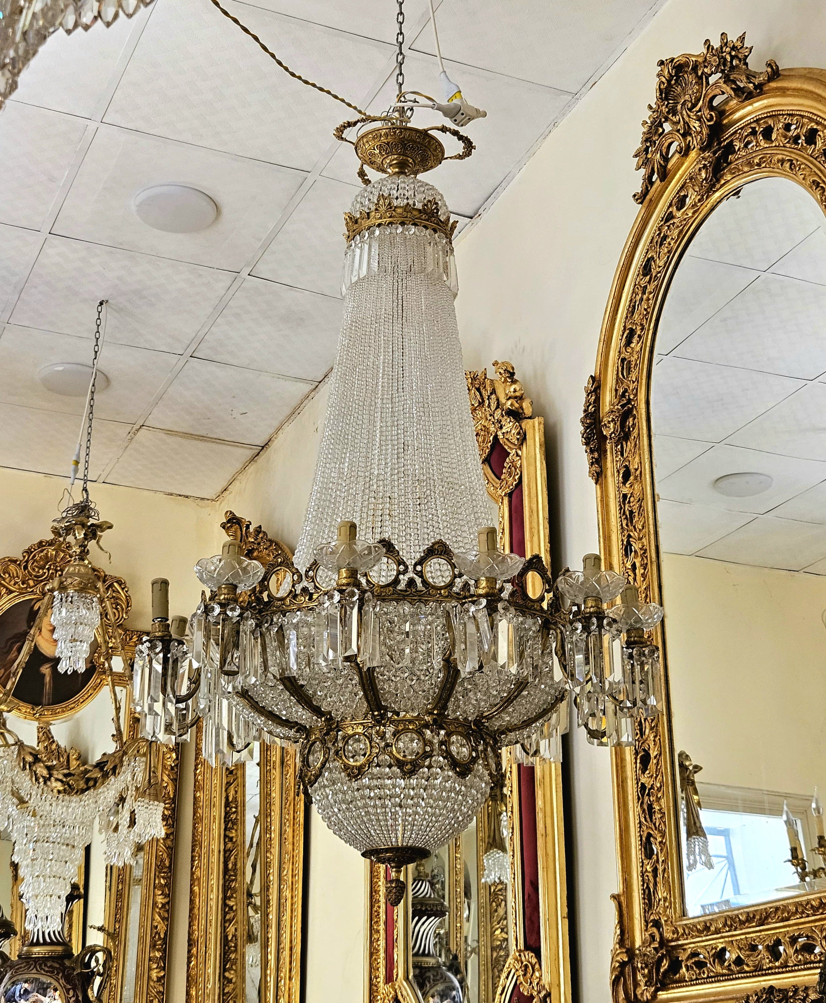 French Empire Crystal Chandelier – Elaborate Gilded Bronze & Gold Leaf Multi-Tier Lighting Fixture