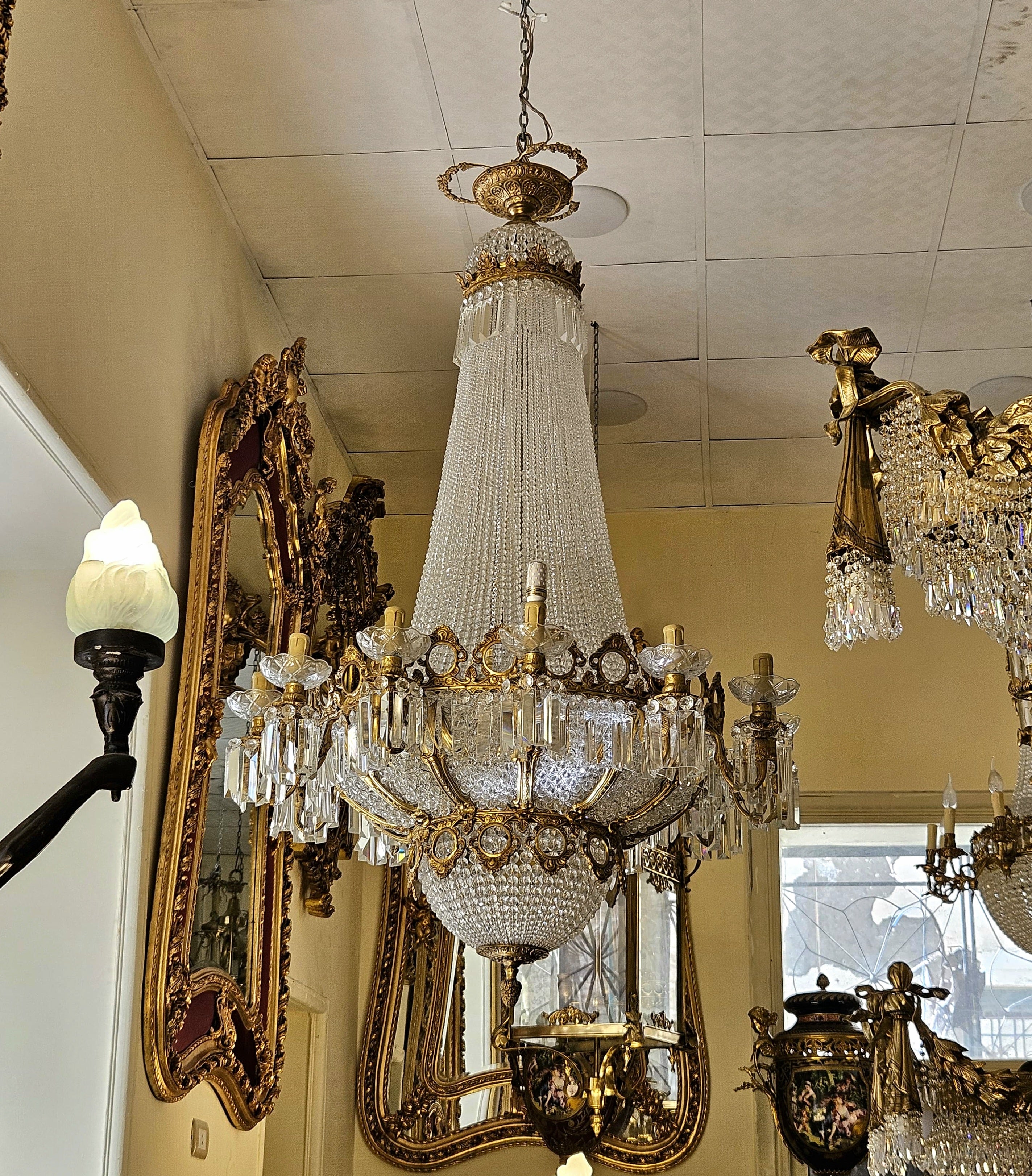 French Empire-Style Crystal Chandelier – Ornate Gilt Bronze Frame with Cascading Crystal Drops & Gold Accents