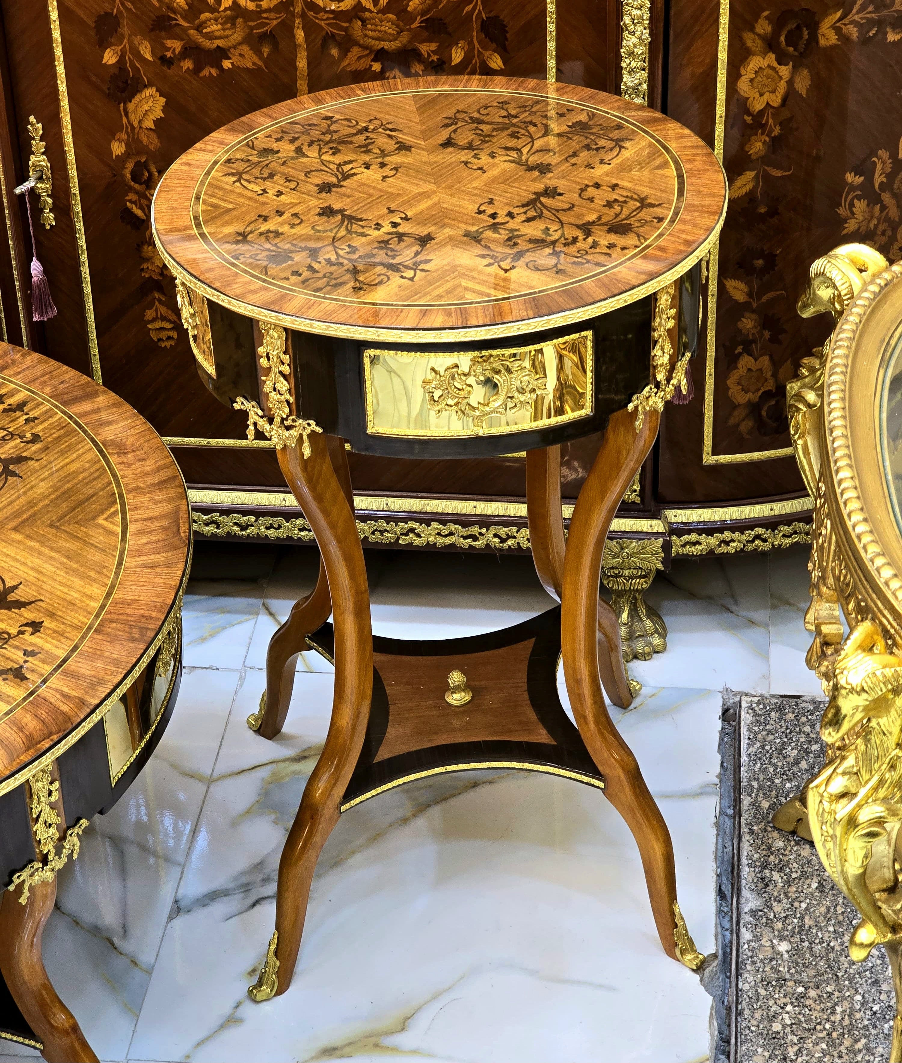French Louis XV Side Table – Handcrafted Wood Occasional Table with Intricate Gold Leaf & Marquetry Details