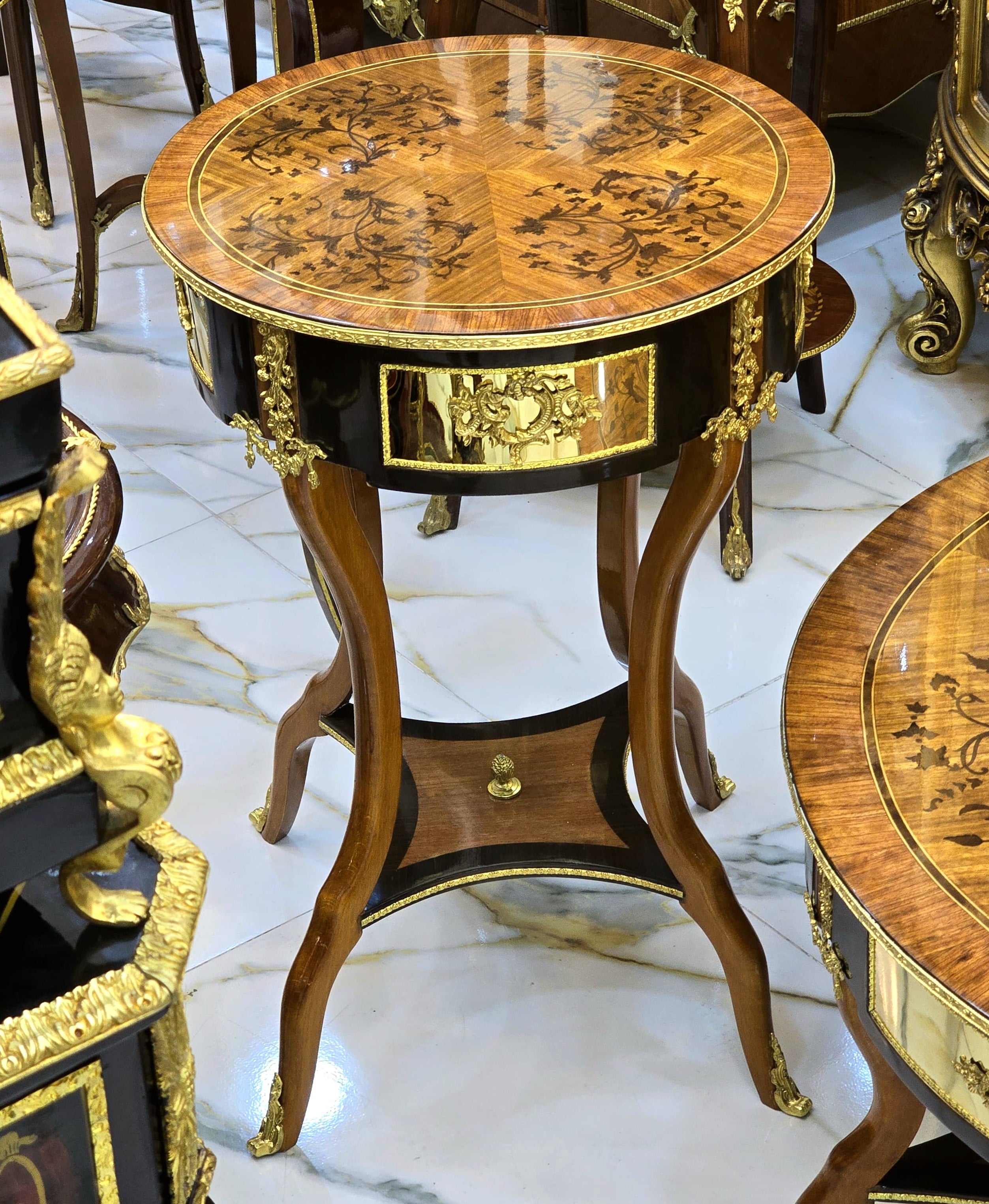 French Louis XV Side Table – Handcrafted Wood Occasional Table with Intricate Gold Leaf & Marquetry Details