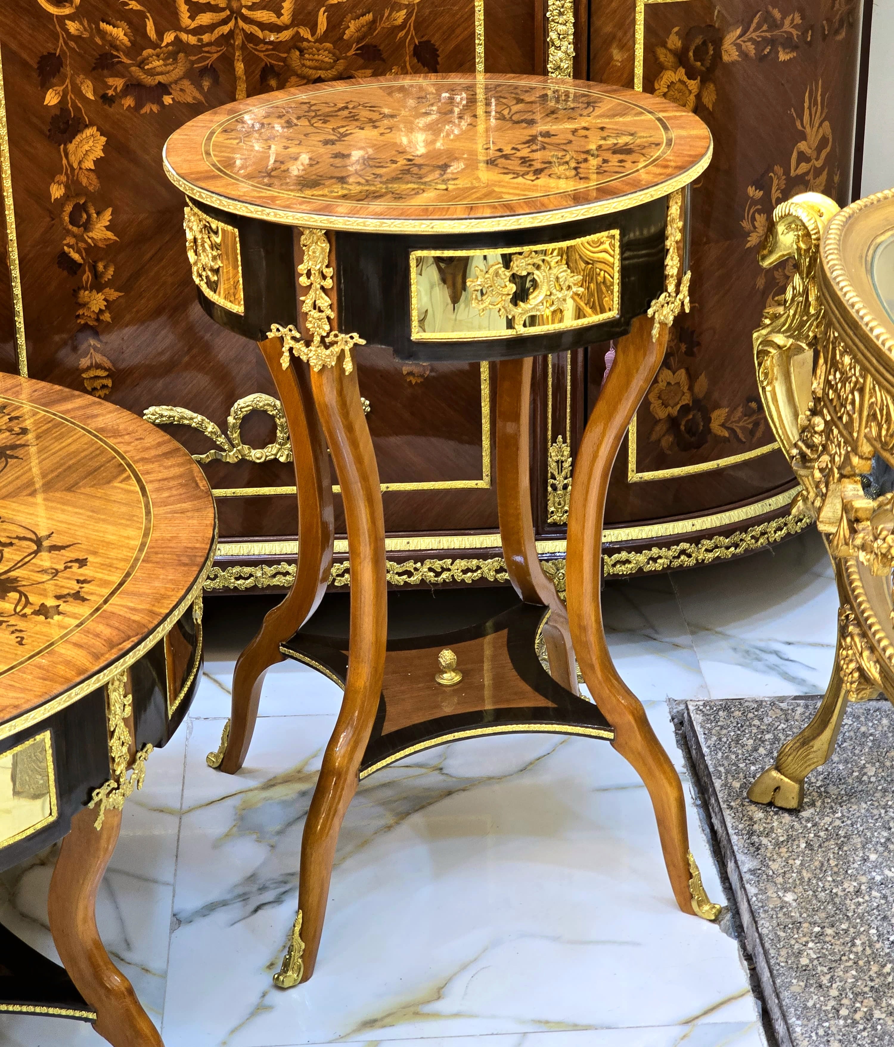 French Louis XV Side Table – Handcrafted Wood Occasional Table with Intricate Gold Leaf & Marquetry Details