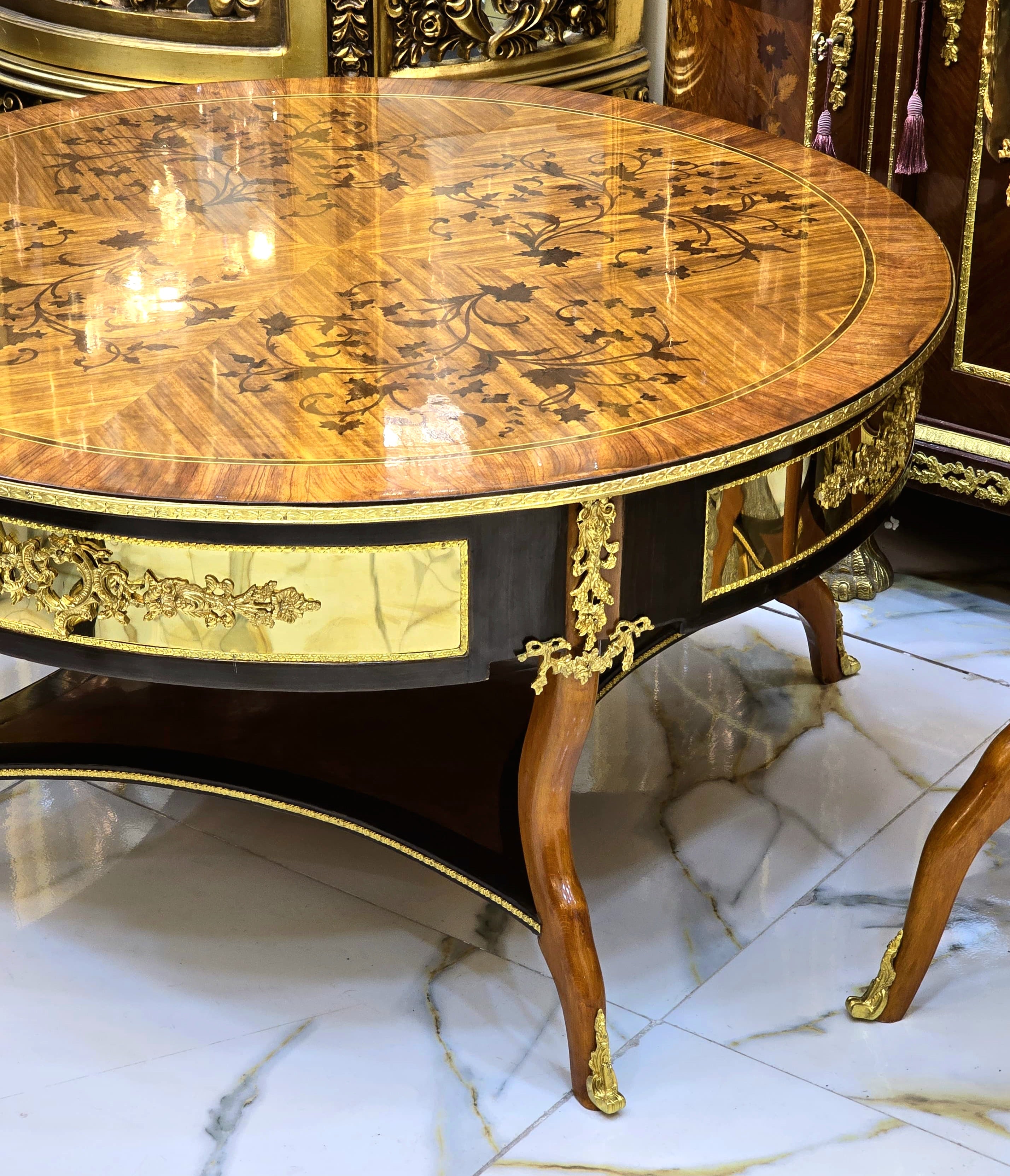 Grand French Louis XV Coffee Table – Oval Marquetry Wood Top with Gilded Gold Leaf Details & Cabriole Legs