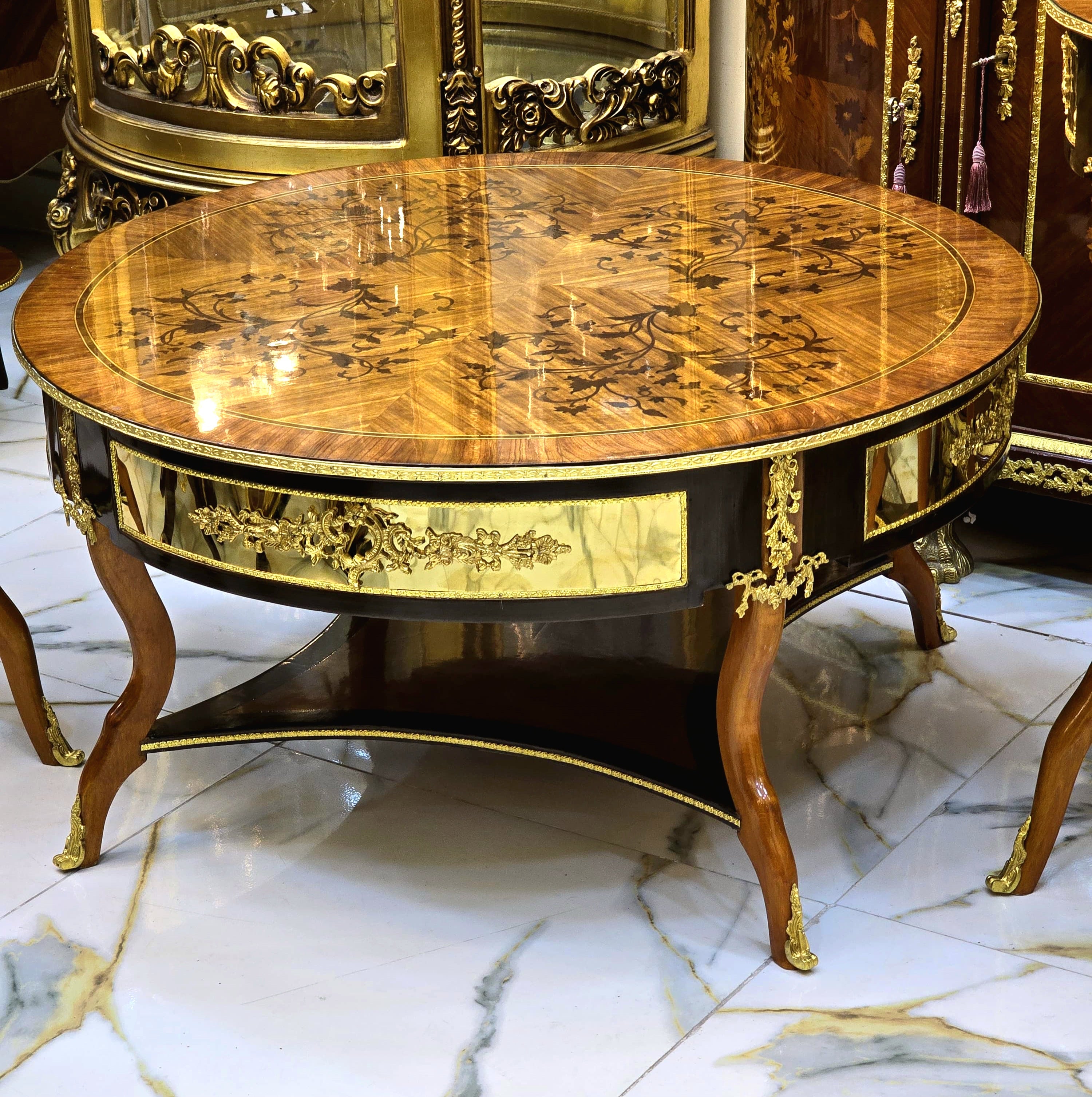 Grand French Louis XV Coffee Table – Oval Marquetry Wood Top with Gilded Gold Leaf Details & Cabriole Legs