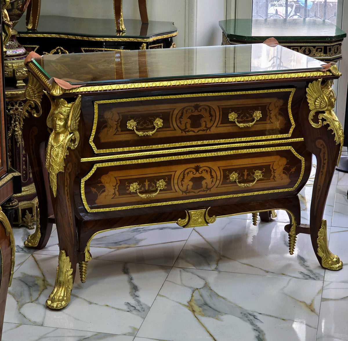 Ornate French Empire-Style Commode – Floral Marquetry Cabinet with Marble Top & Gilt Bronze Accents