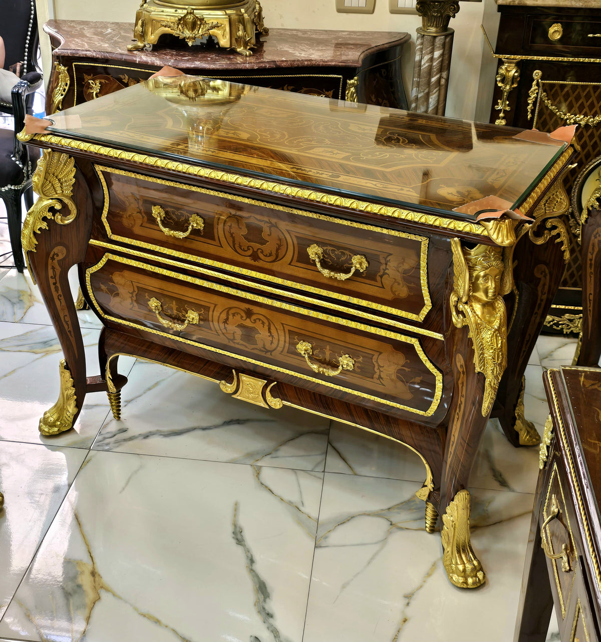 Ornate French Empire-Style Commode – Floral Marquetry Cabinet with Marble Top & Gilt Bronze Accents