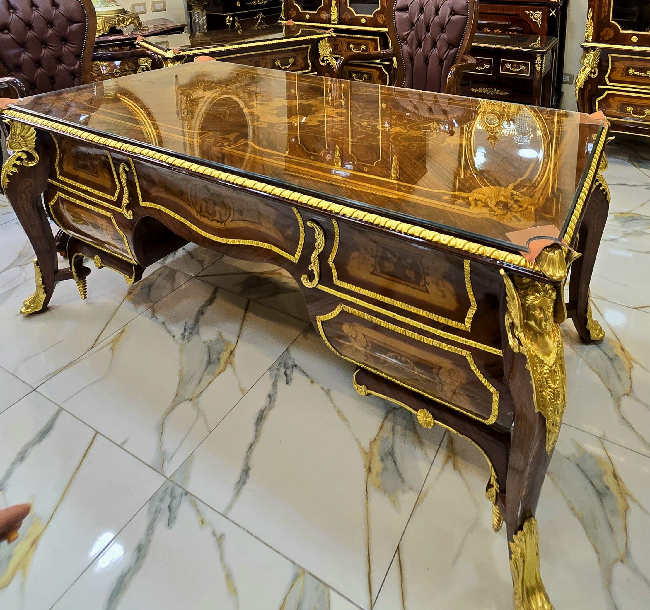 Grand French Louis XV Executive Desk – Oversized Burl Wood Writing Desk with Gilt Ormolu & Ornate Marquetry