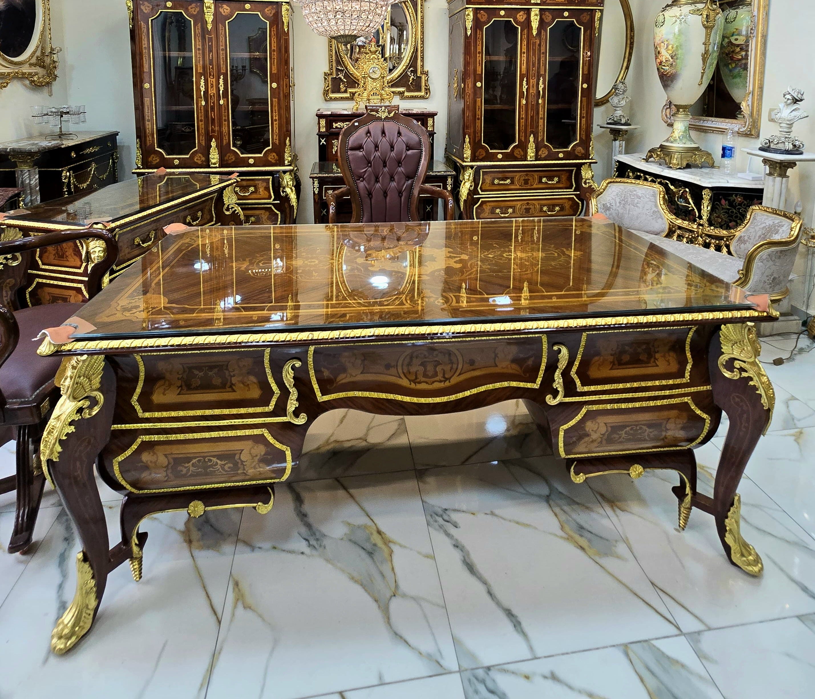 Grand French Louis XV Executive Desk – Oversized Burl Wood Writing Desk with Gilt Ormolu & Ornate Marquetry