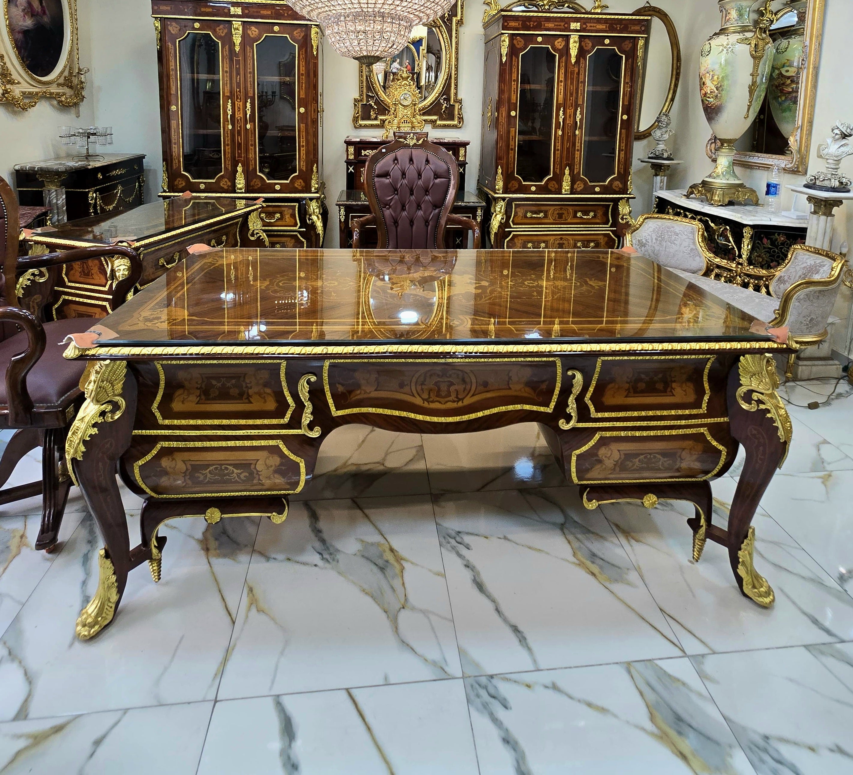 Grand French Louis XV Executive Desk – Oversized Burl Wood Writing Desk with Gilt Ormolu & Ornate Marquetry