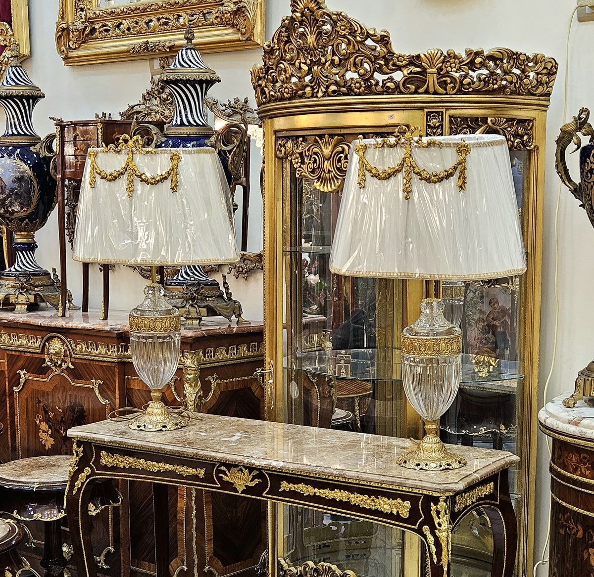 Crystal Radiance – French Empire Table Lamp with Cut Glass, Ornate Gilded Bronze & Elegant Pleated Shade