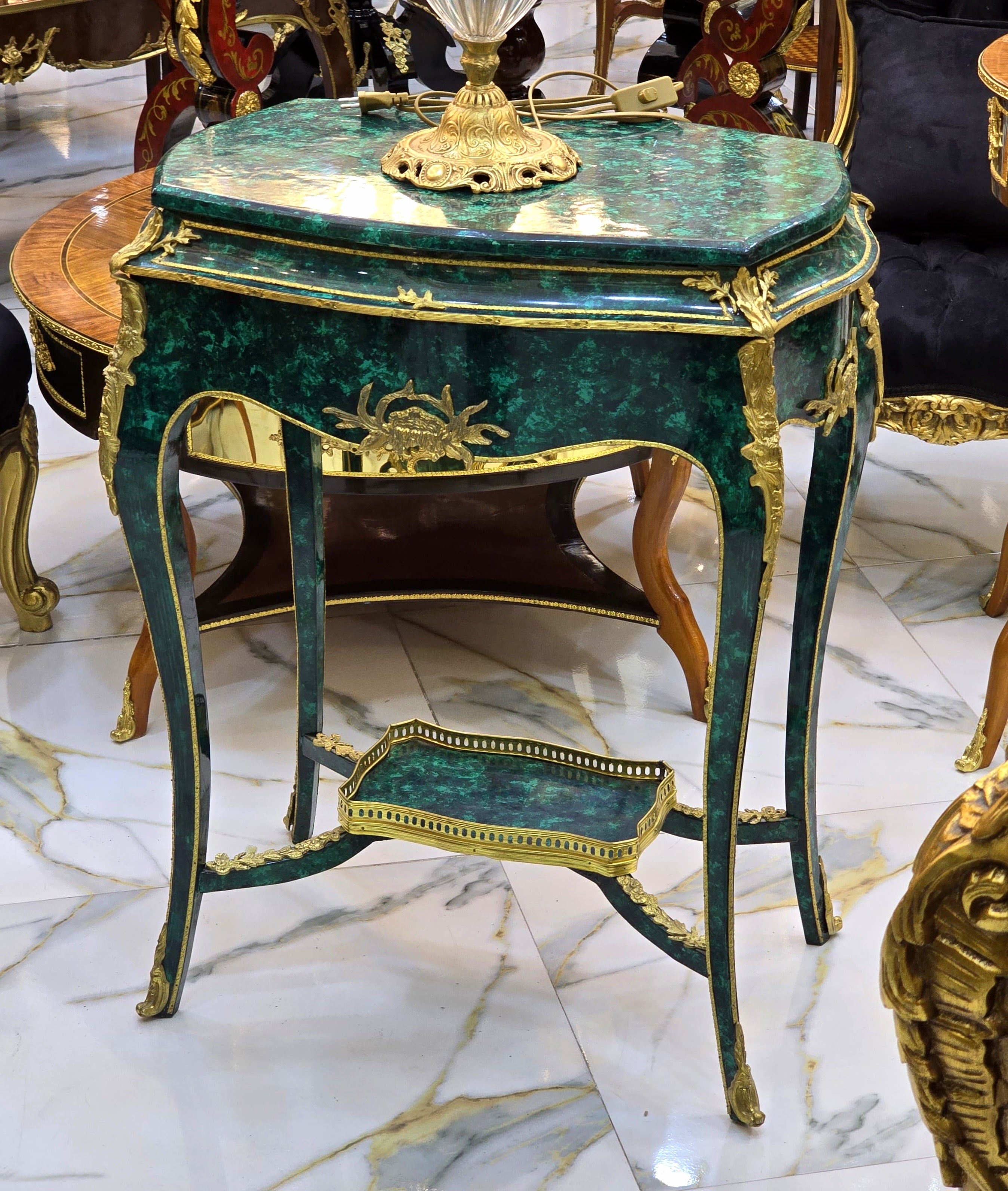 Decorative Green Accent Table – Bronze Ormolu Mounts with Gold Leaf Details