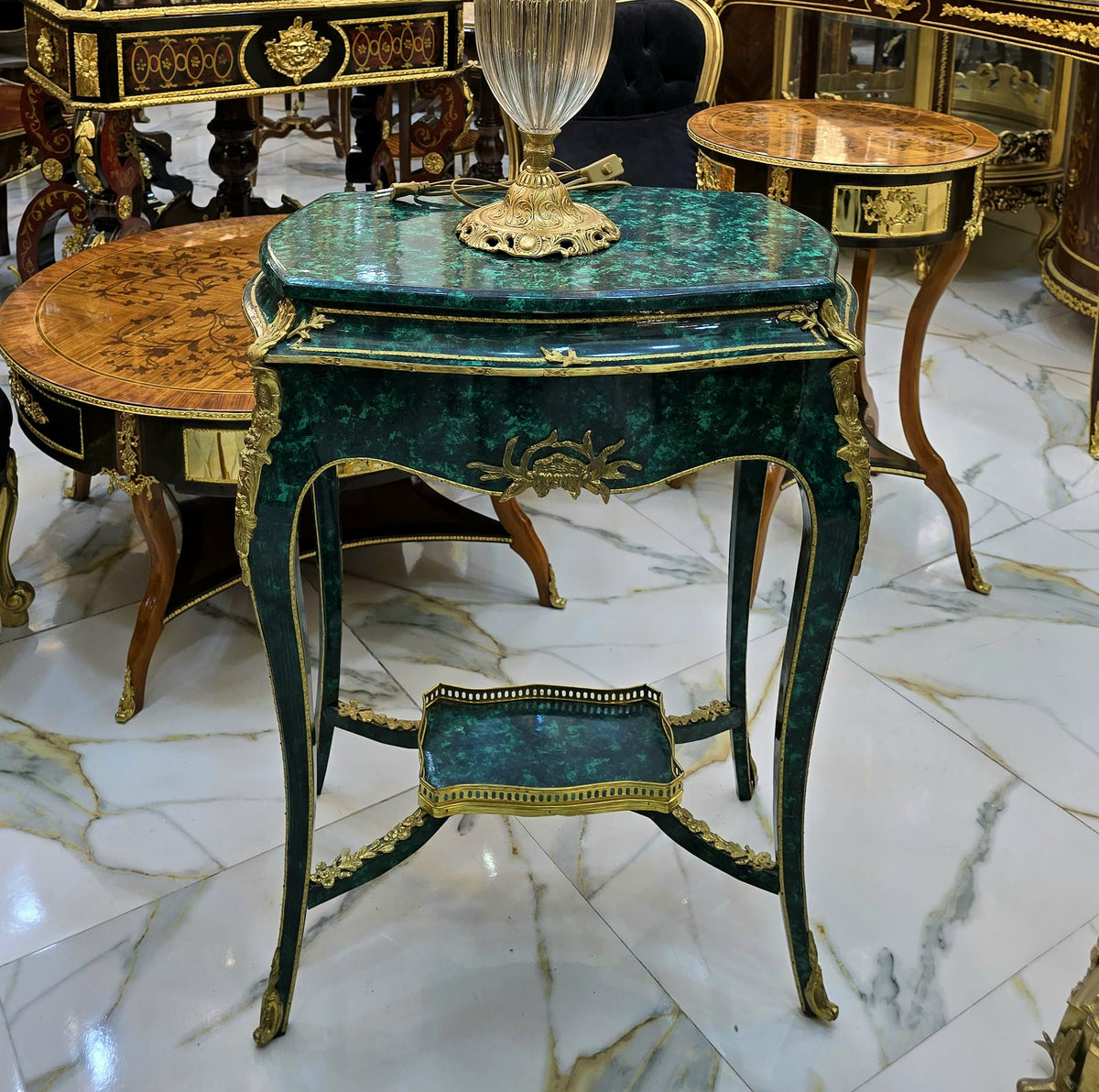 Decorative Green Accent Table – Bronze Ormolu Mounts with Gold Leaf Details