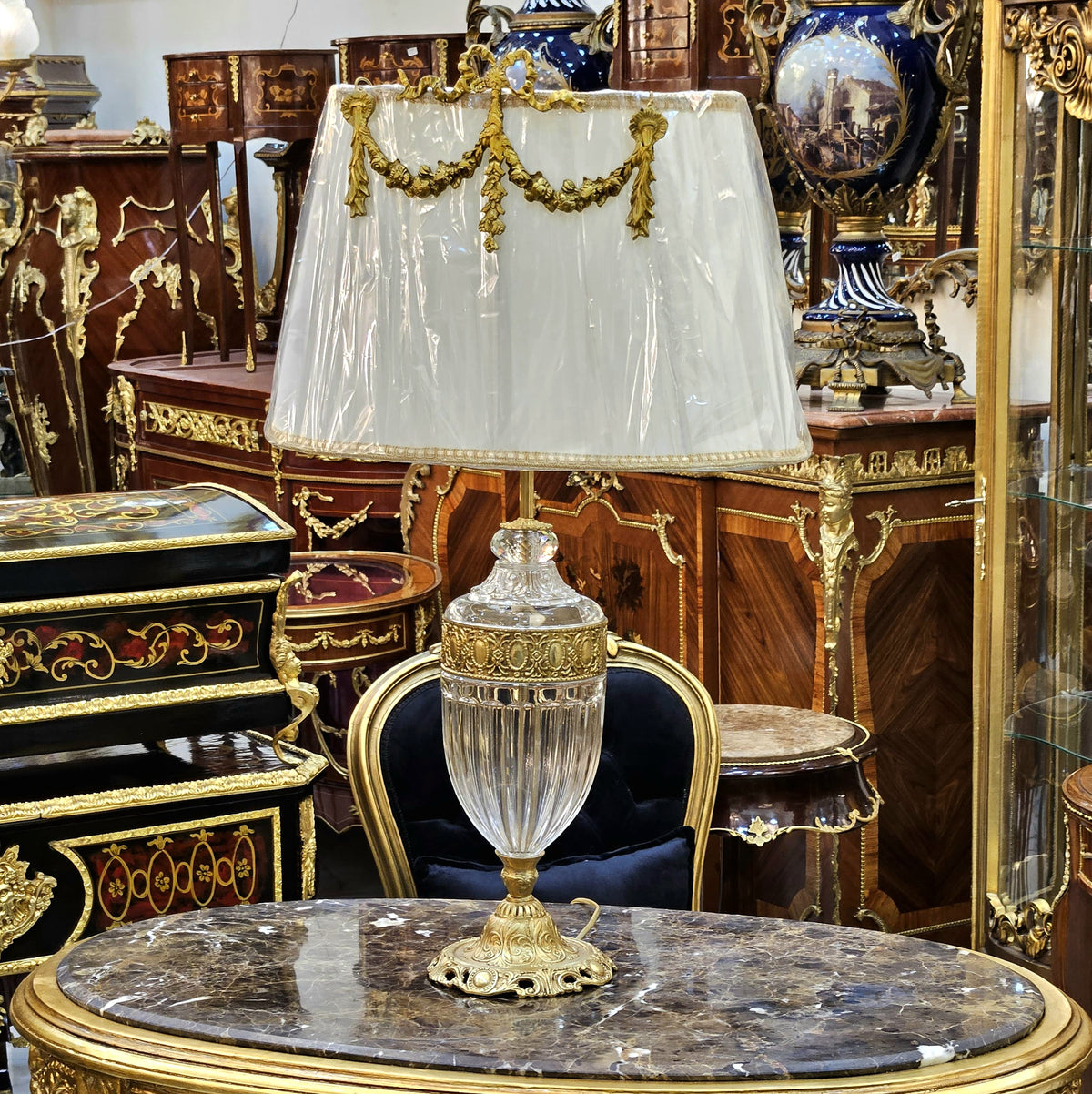 Elegant French Empire Crystal Table Lamp – Cut Glass, Gilded Bronze & Pleated Shade