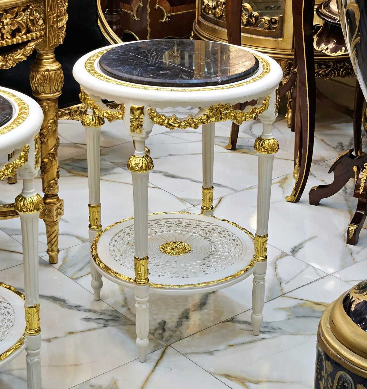 French Style Gold Leaf Side Table – Black Marble Top with Ornate White & Gilt Frame