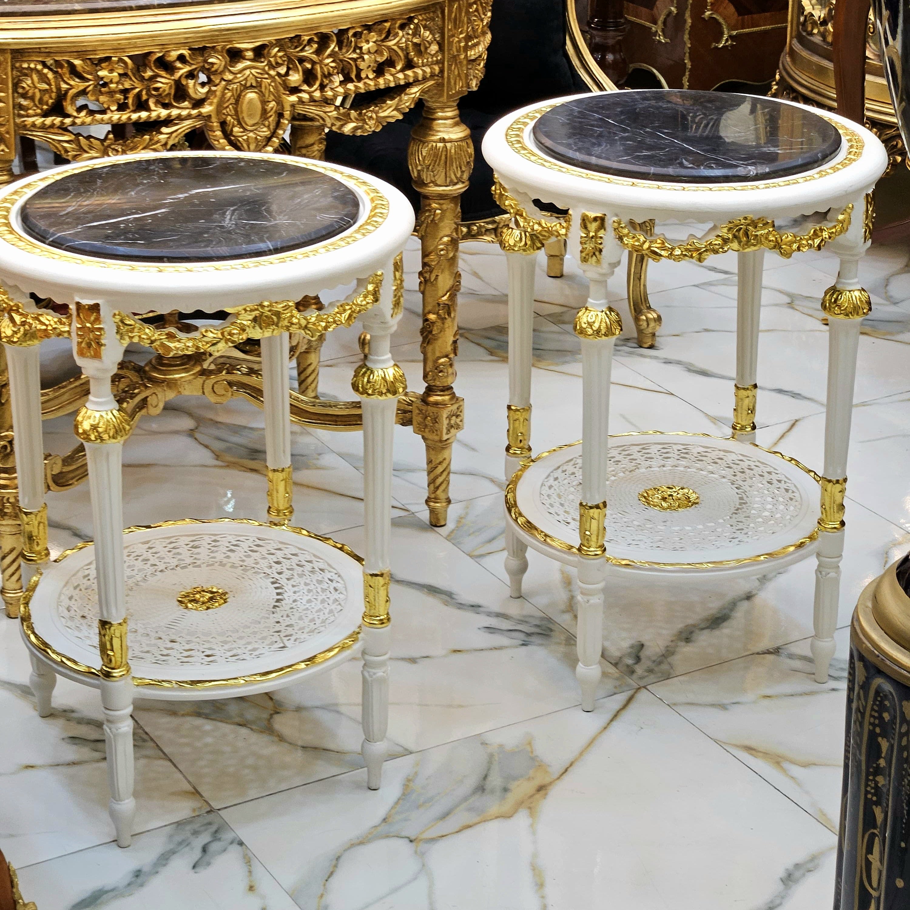 French Style Gold Leaf Side Table – Black Marble Top with Ornate White & Gilt Frame