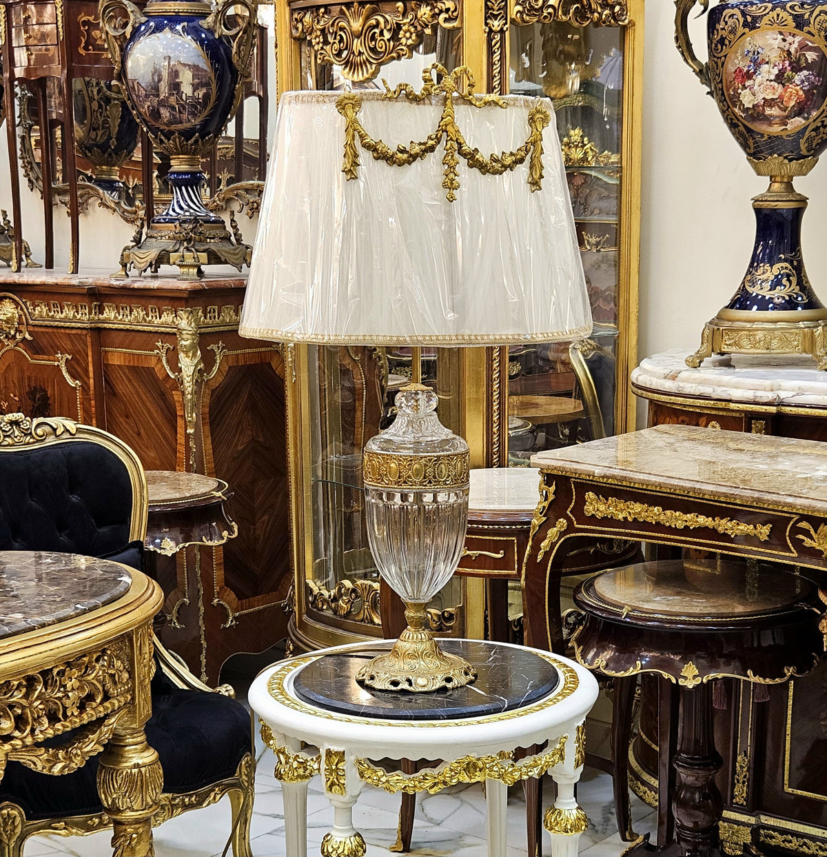Crystal Radiance – French Empire Table Lamp with Cut Glass, Ornate Gilded Bronze & Elegant Pleated Shade