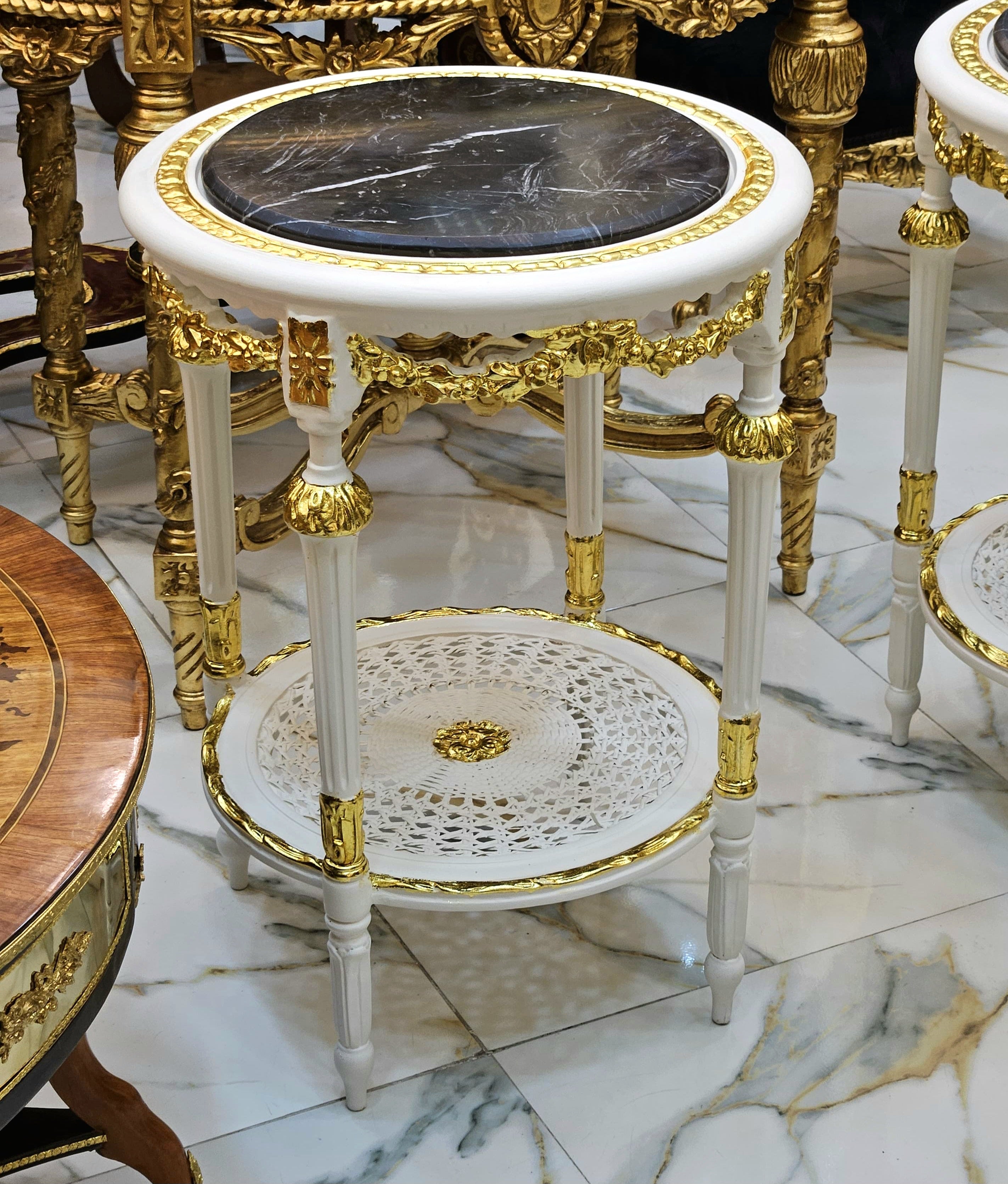 French Style Gold Leaf Side Table – Black Marble Top with Ornate White & Gilt Frame